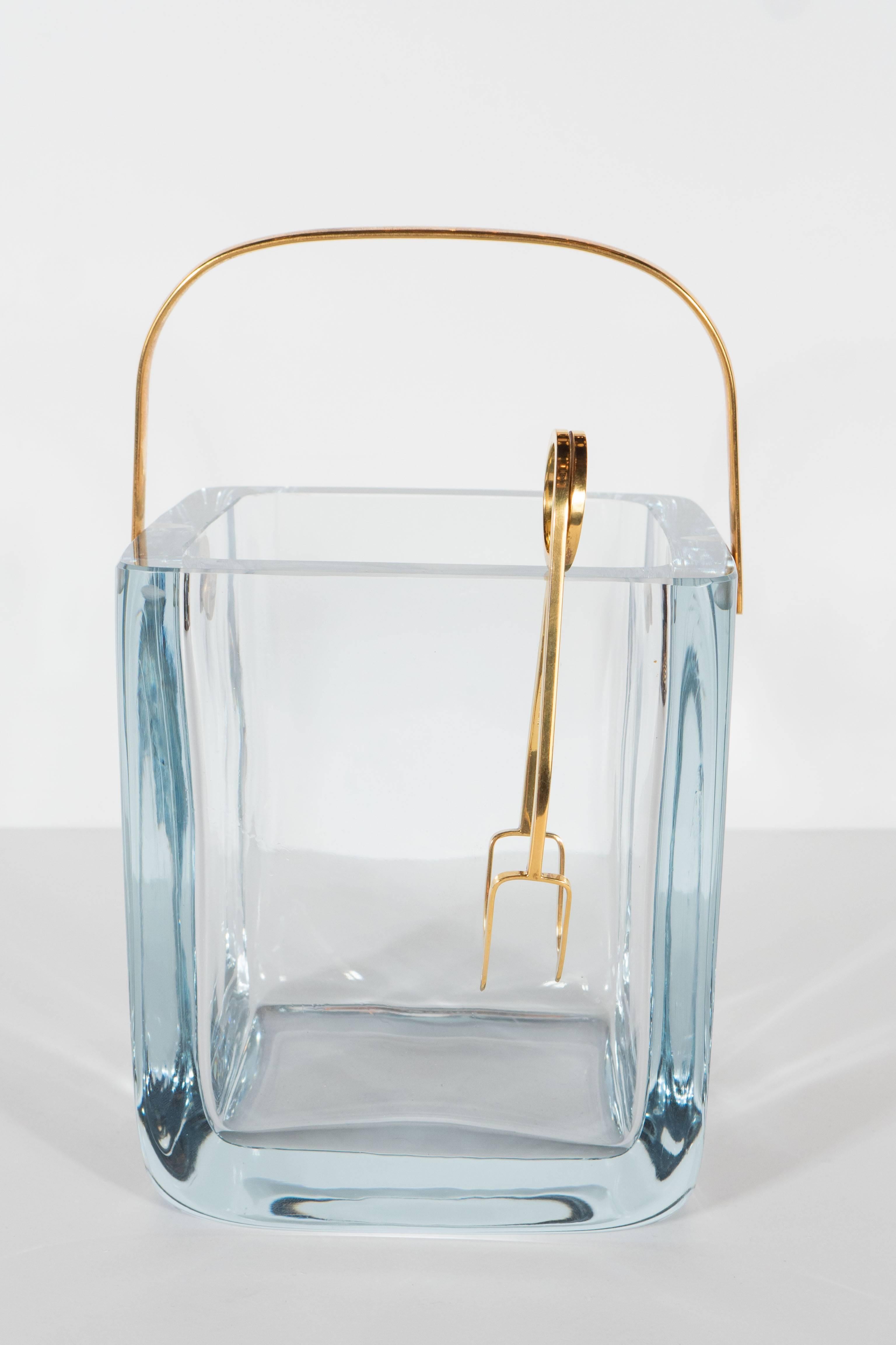 Mid-Century Modern Cartier Glass Ice Bucket or Pail in Sterling with Gilt Handle and Tongs