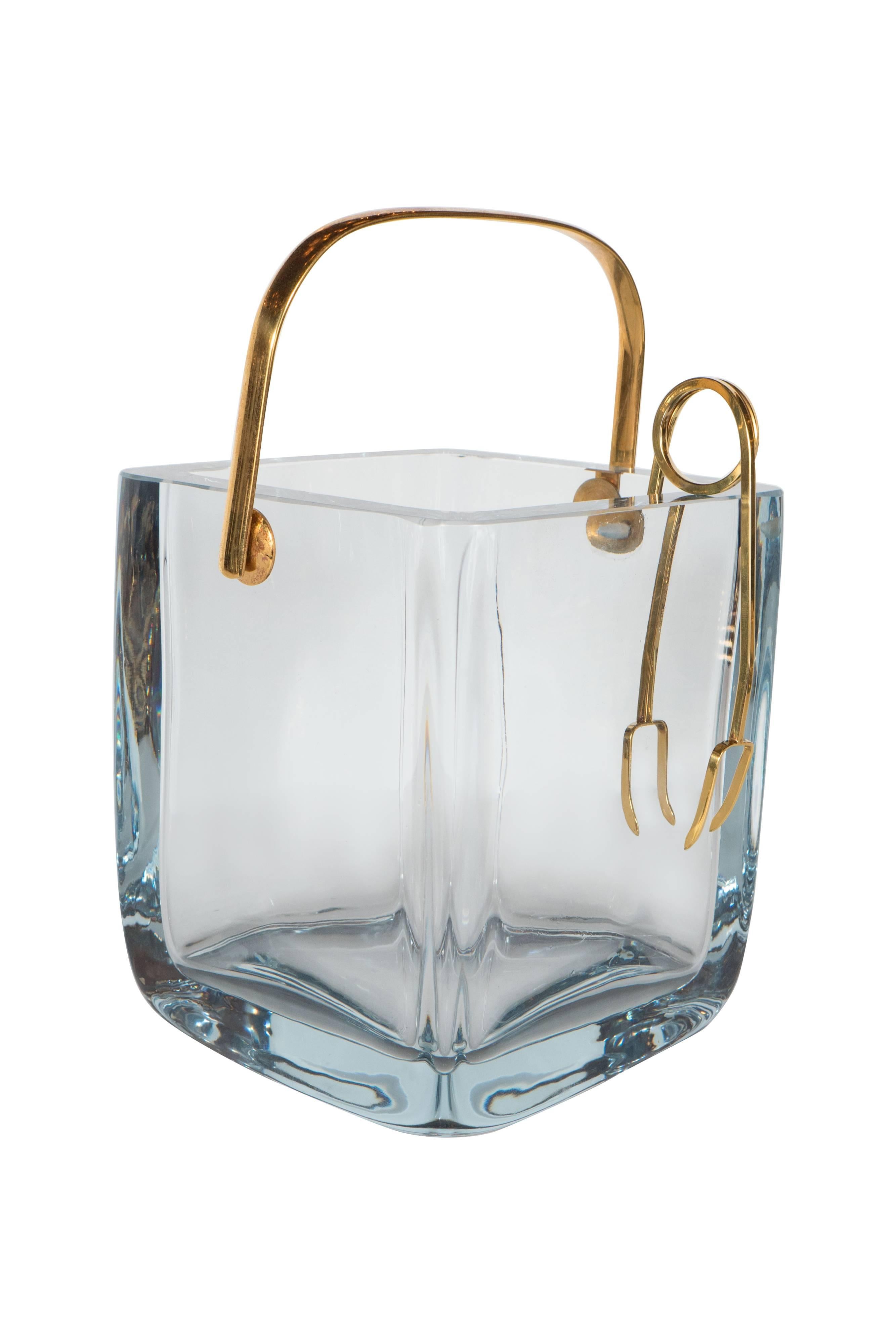 French Cartier Glass Ice Bucket or Pail in Sterling with Gilt Handle and Tongs