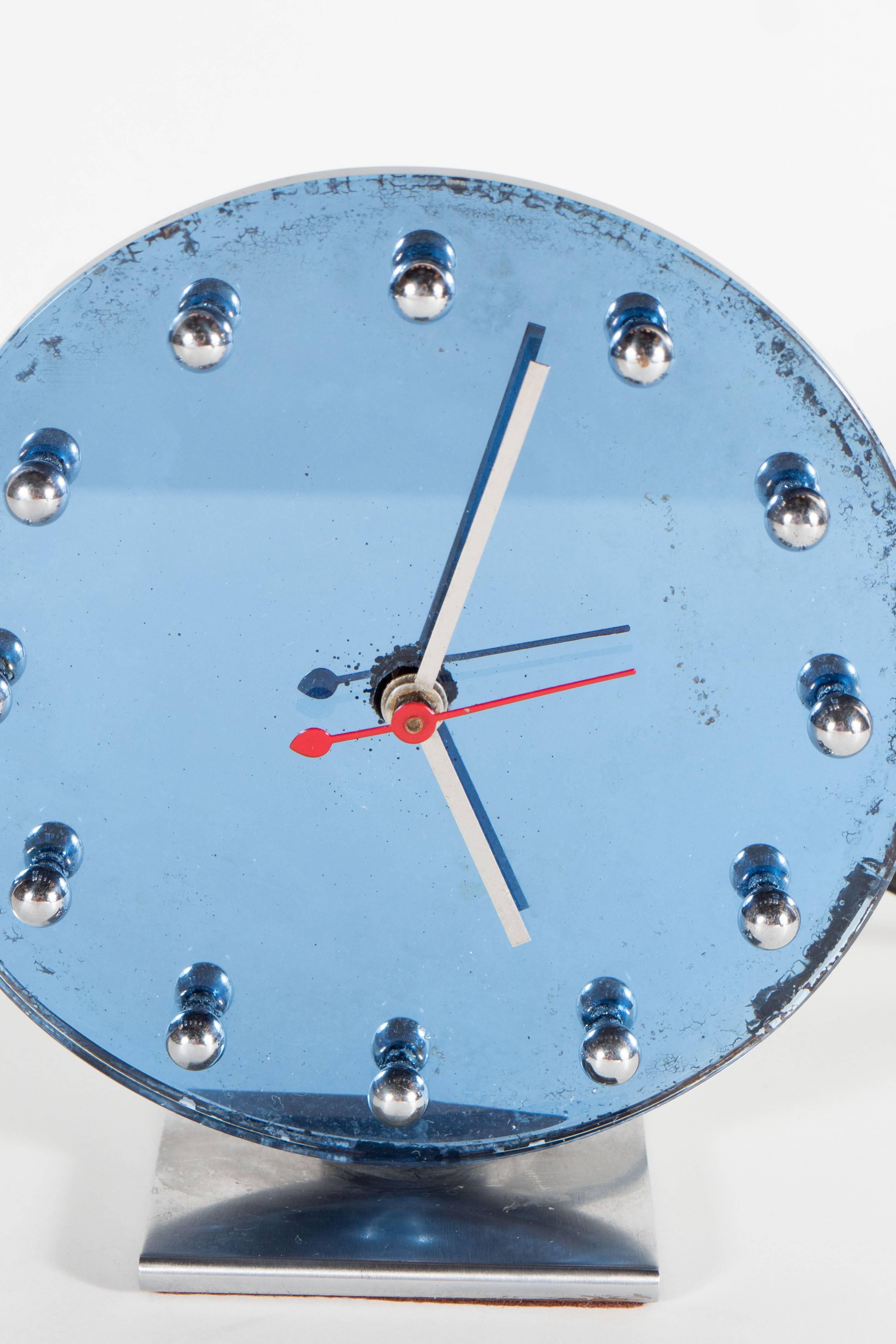 Art Deco Mirrored Blue Glass and Chrome Clock by Gilbert Rohde for Herman Miller 2