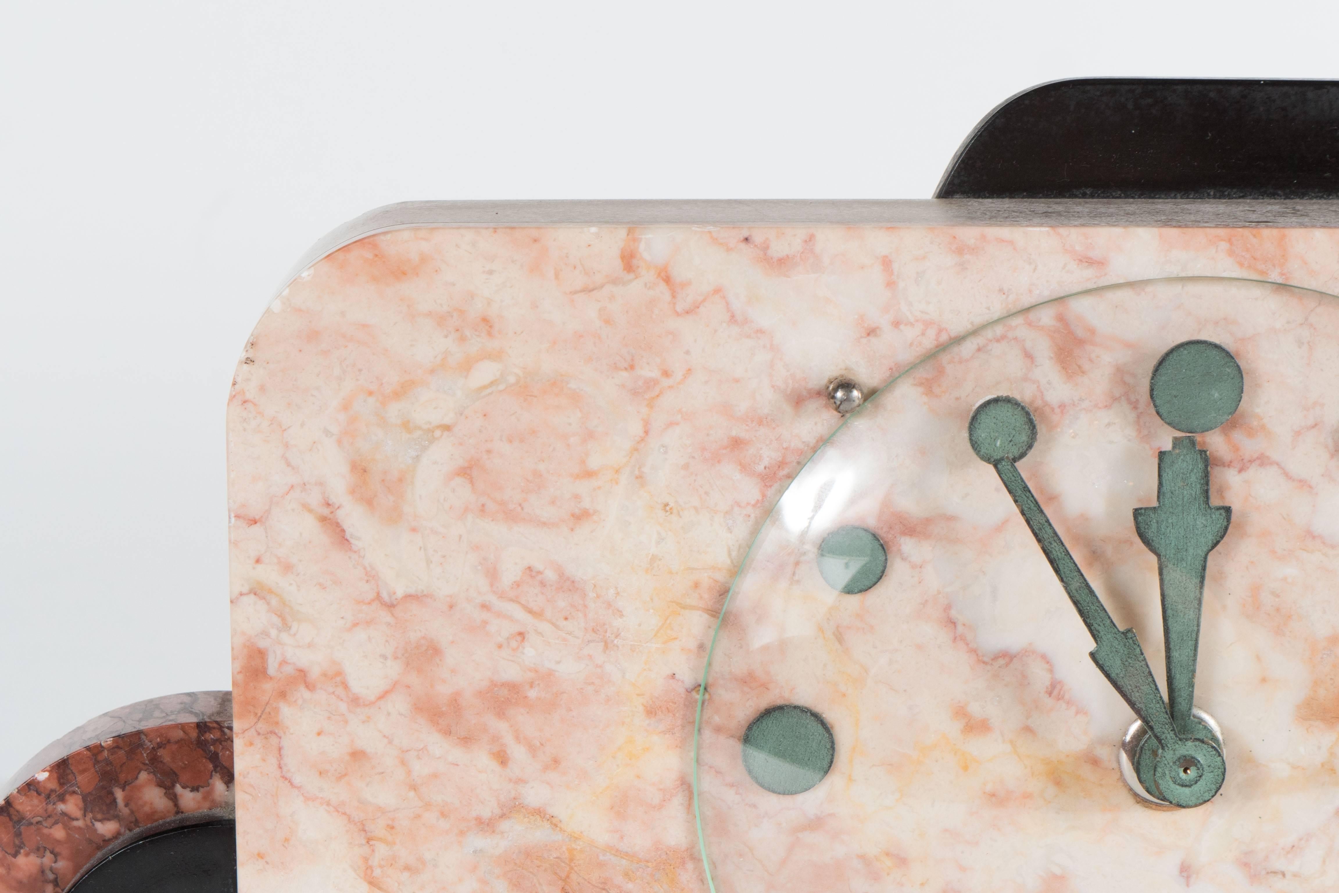 French Art Deco Streamline Exotic Pink, Black and Red Marble Table Clock 3