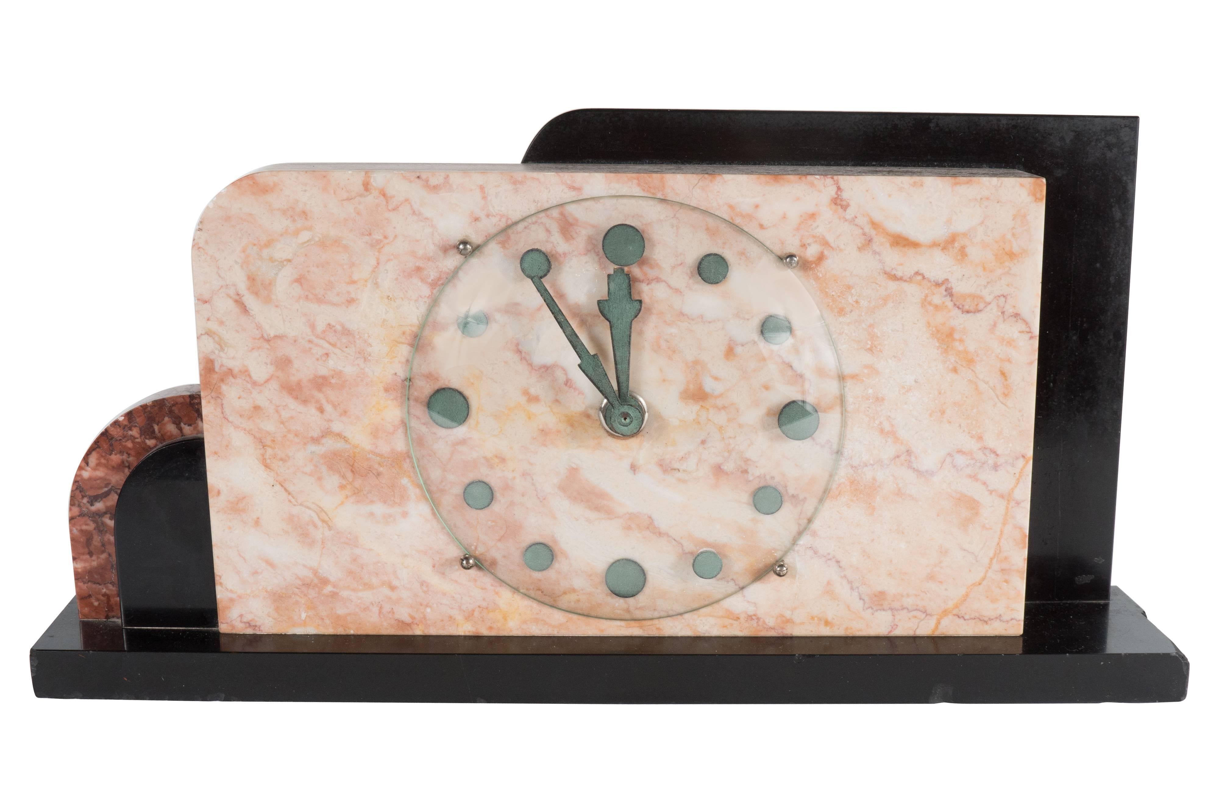 French Art Deco Streamline Exotic Pink, Black and Red Marble Table Clock 4