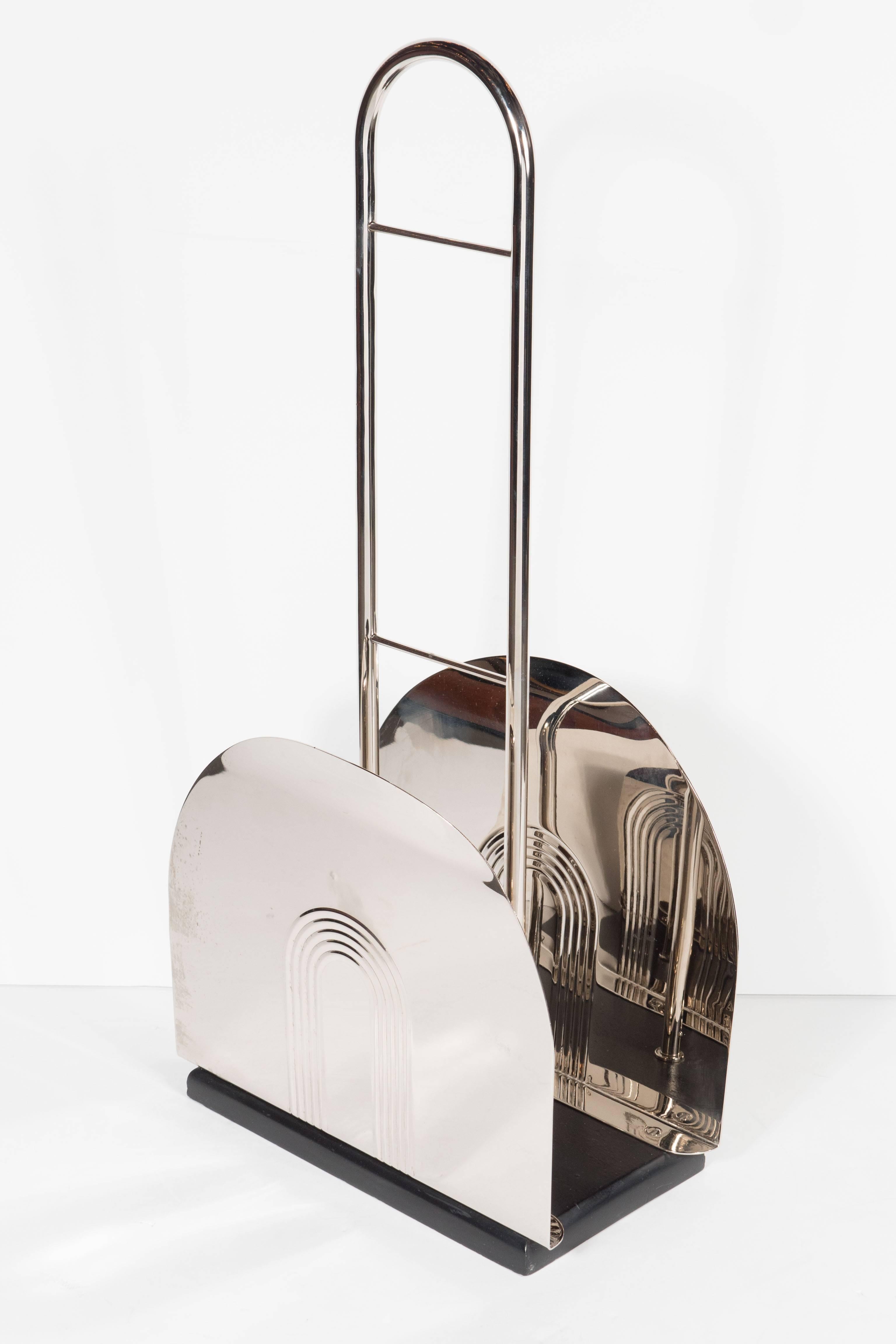 American Streamlined Art Deco Magazine Stand in Polished Nickel and Black Enamel