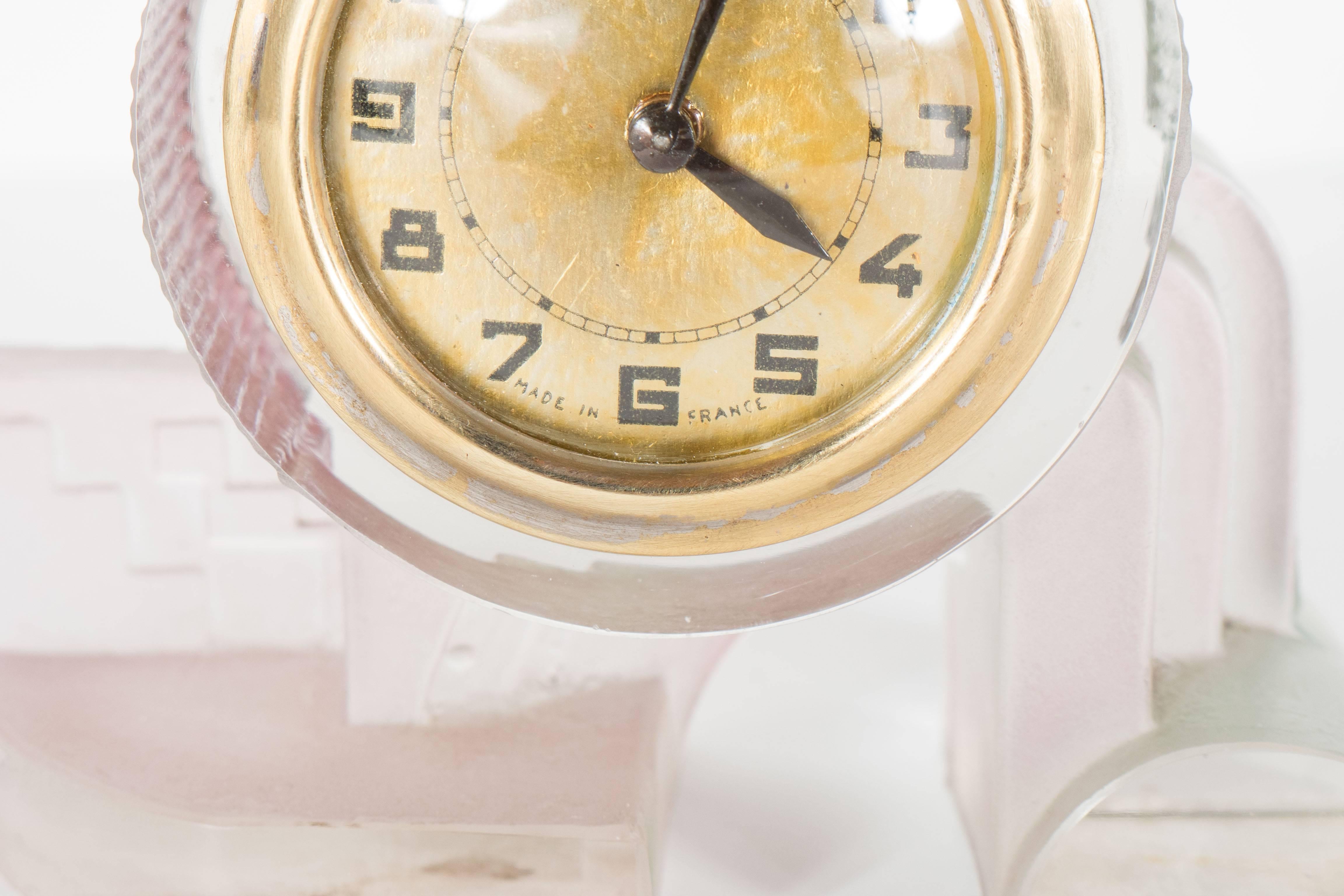 French Art Deco Cubist Style Table or Desk Clock in Pale Celadon and Rose Glass 1