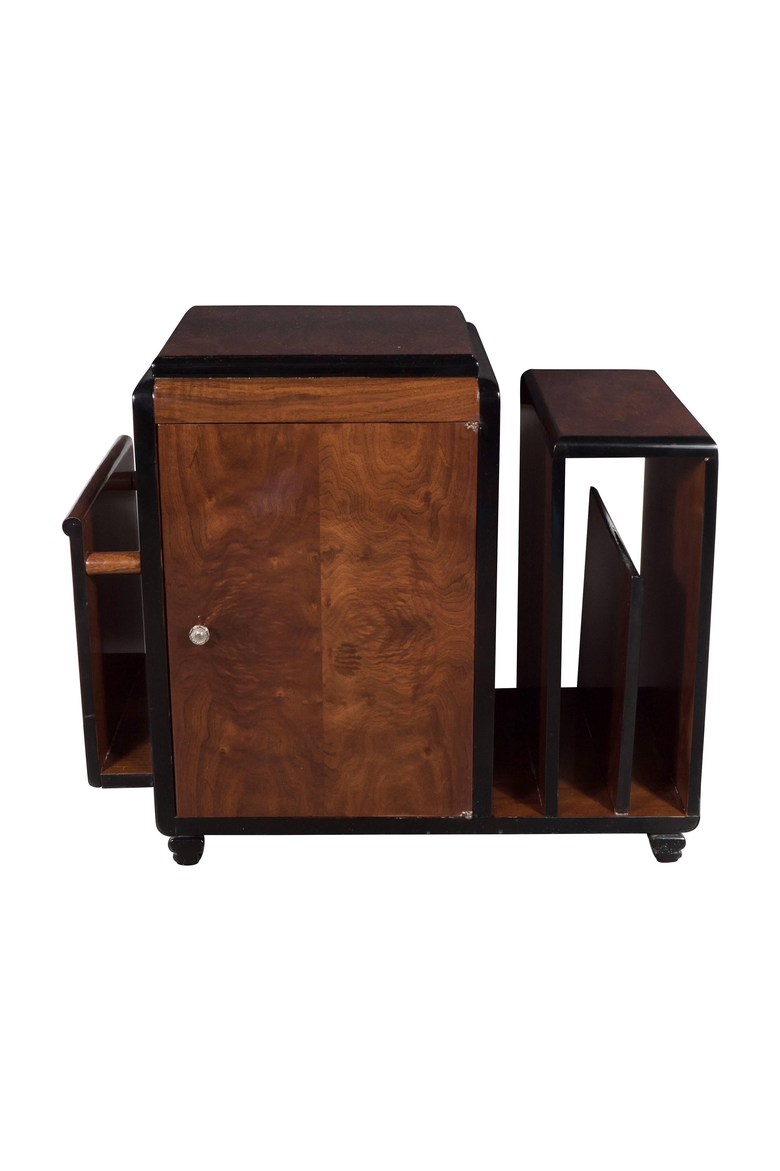 Lacquer Art Deco Skyscraper Style Bookmatched Burled Walnut Magazine Stand/End Table