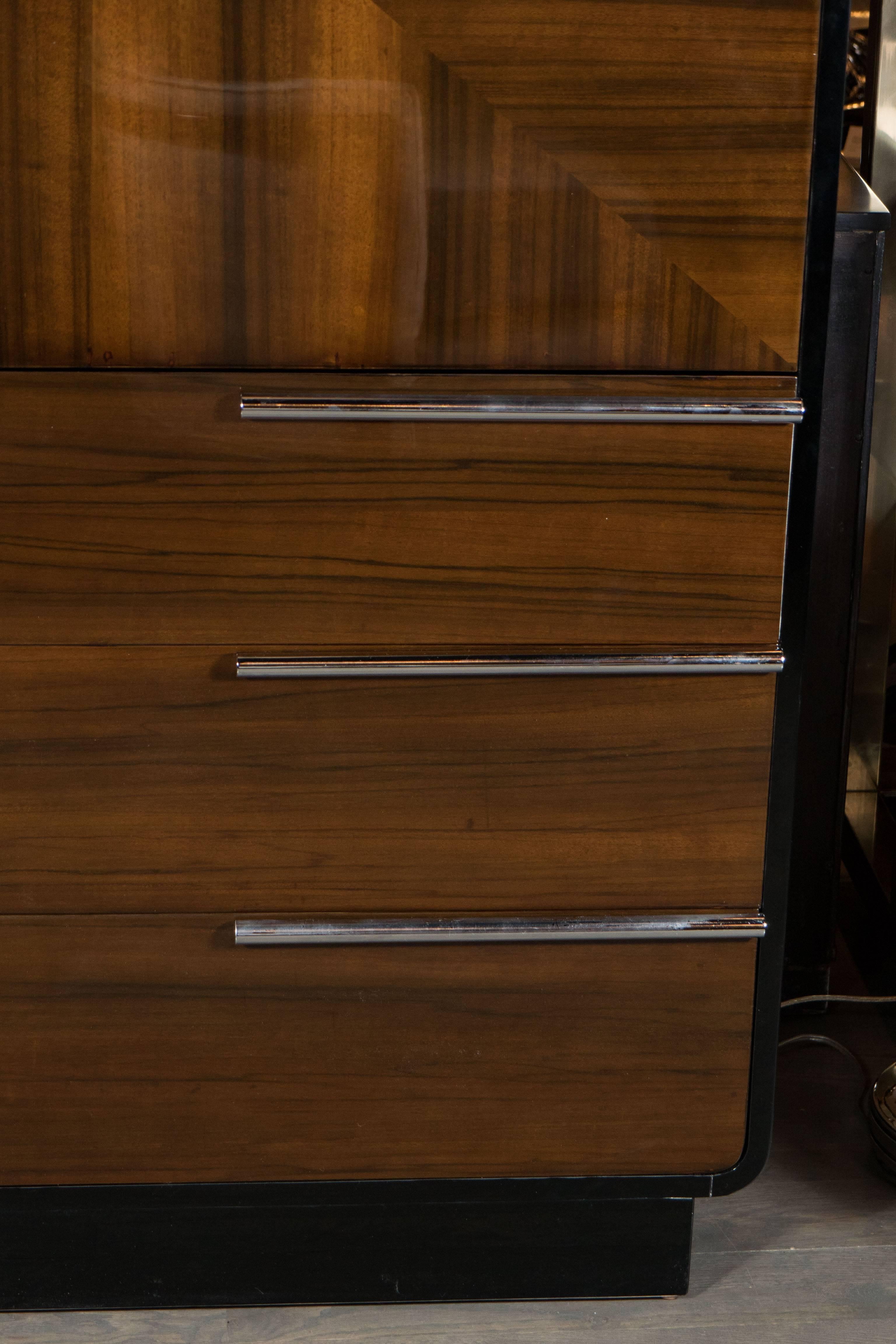 Wood Art Deco Bar Cabinet in Walnut and Black Lacquer in the Manner of Donald Deskey