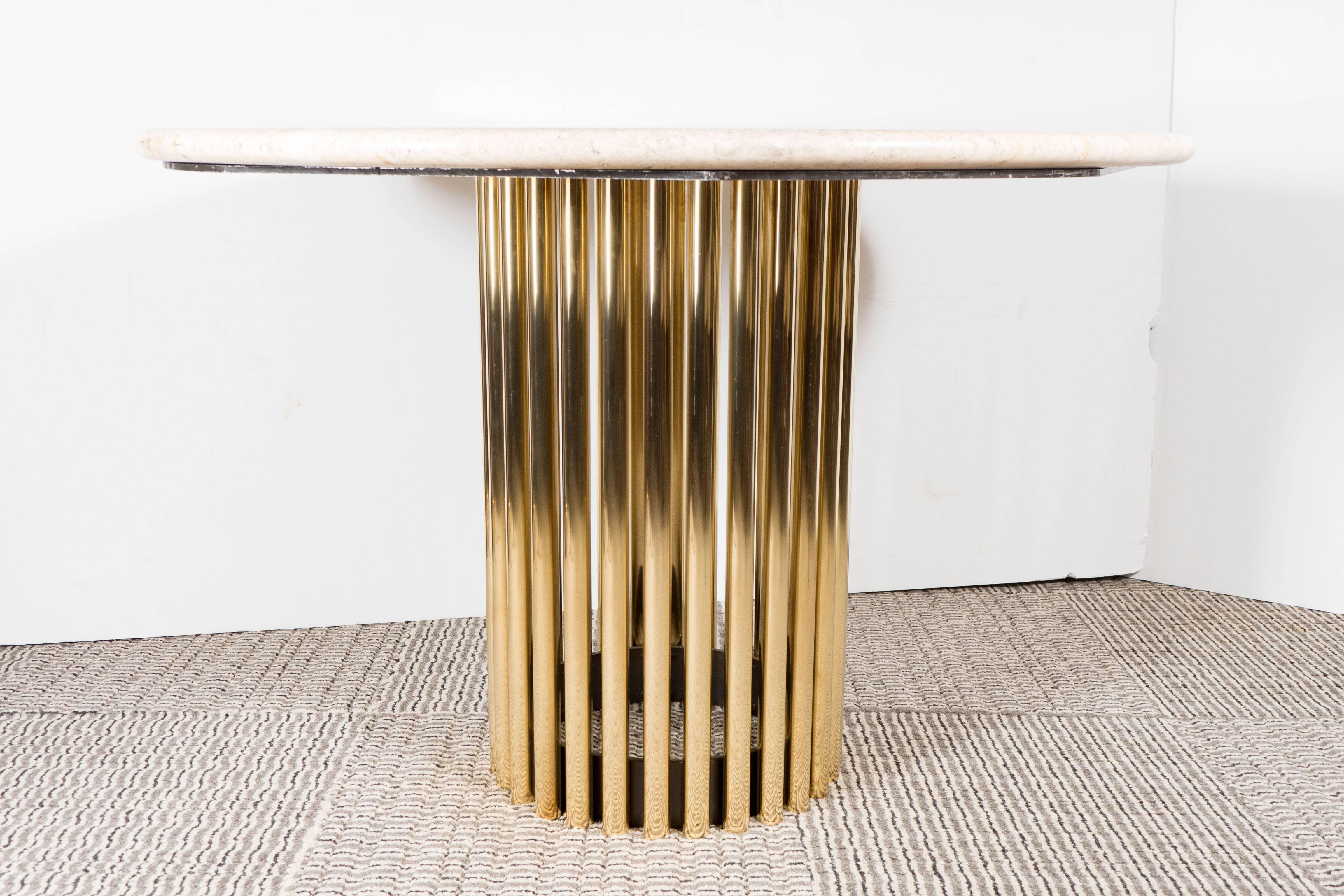 American Dining or Center Table with Brass Tubular Base and Circular Travertine Top