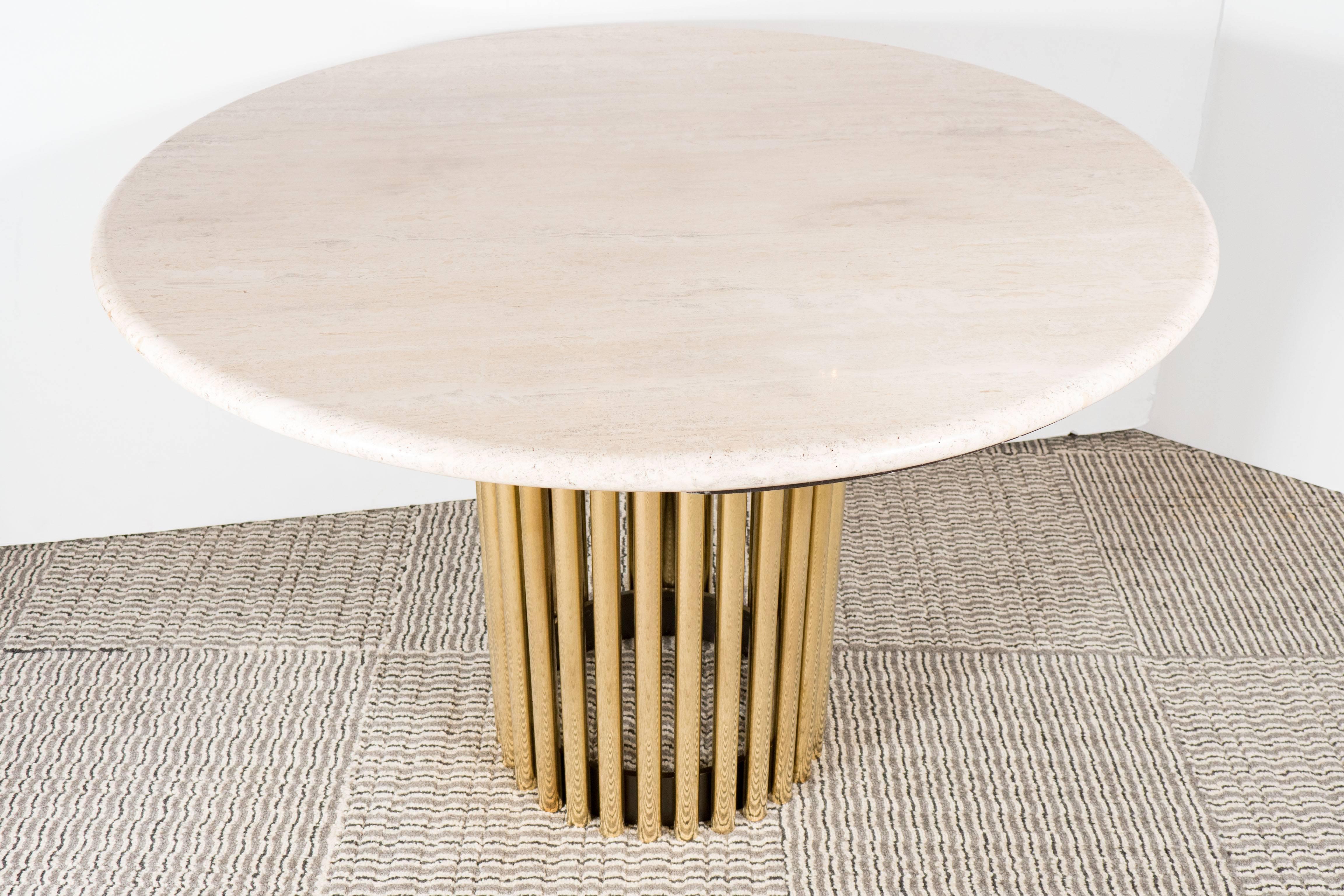Dining or Center Table with Brass Tubular Base and Circular Travertine Top In Excellent Condition In New York, NY
