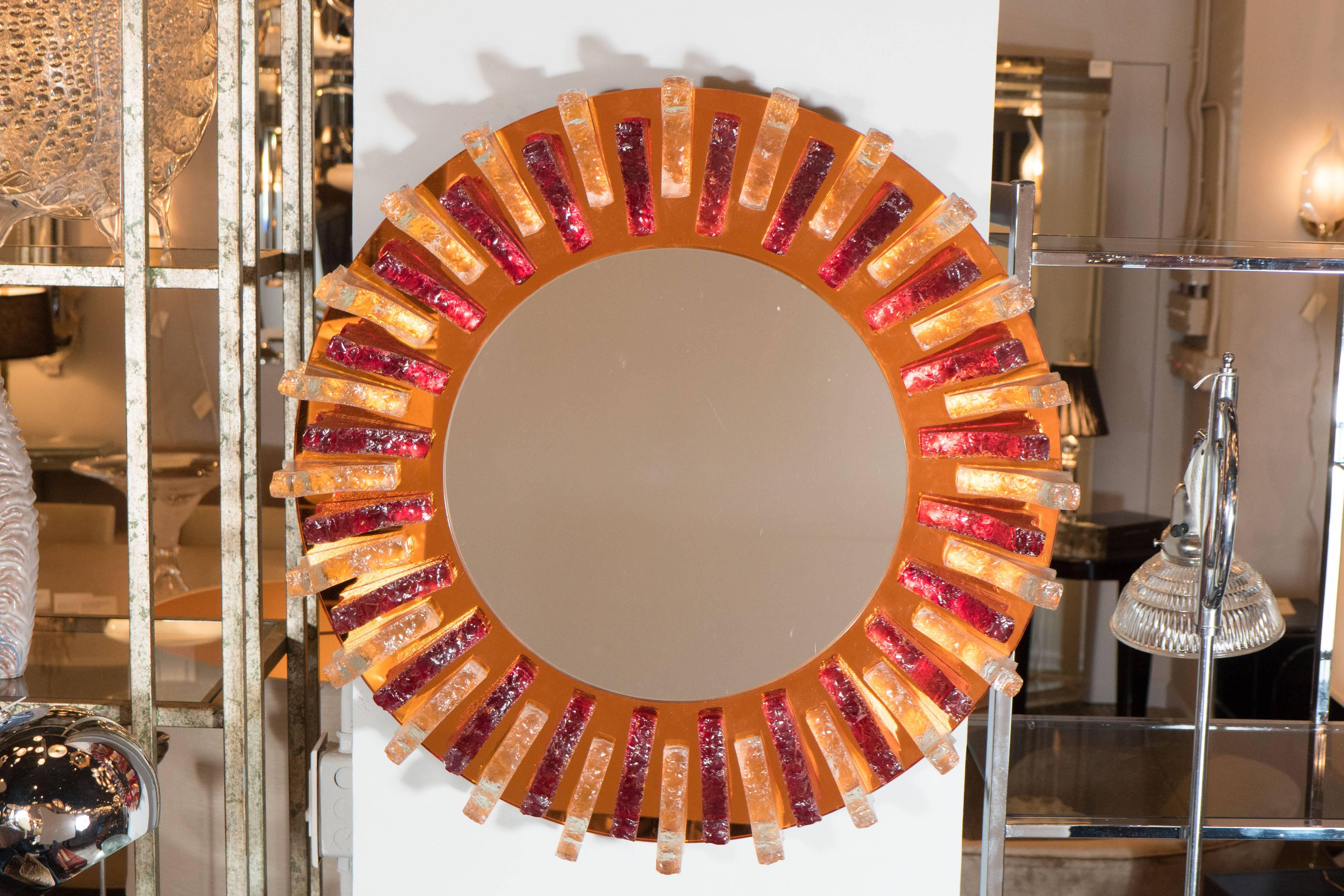 Mid-20th Century Mid-Century Modernist Resin Mirror with Garnet, Clear Appliques and Amber Border