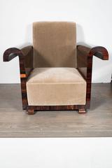 Exceptional French Art Deco Machine Age Macassar Club Chairs in a Velvet Mohair