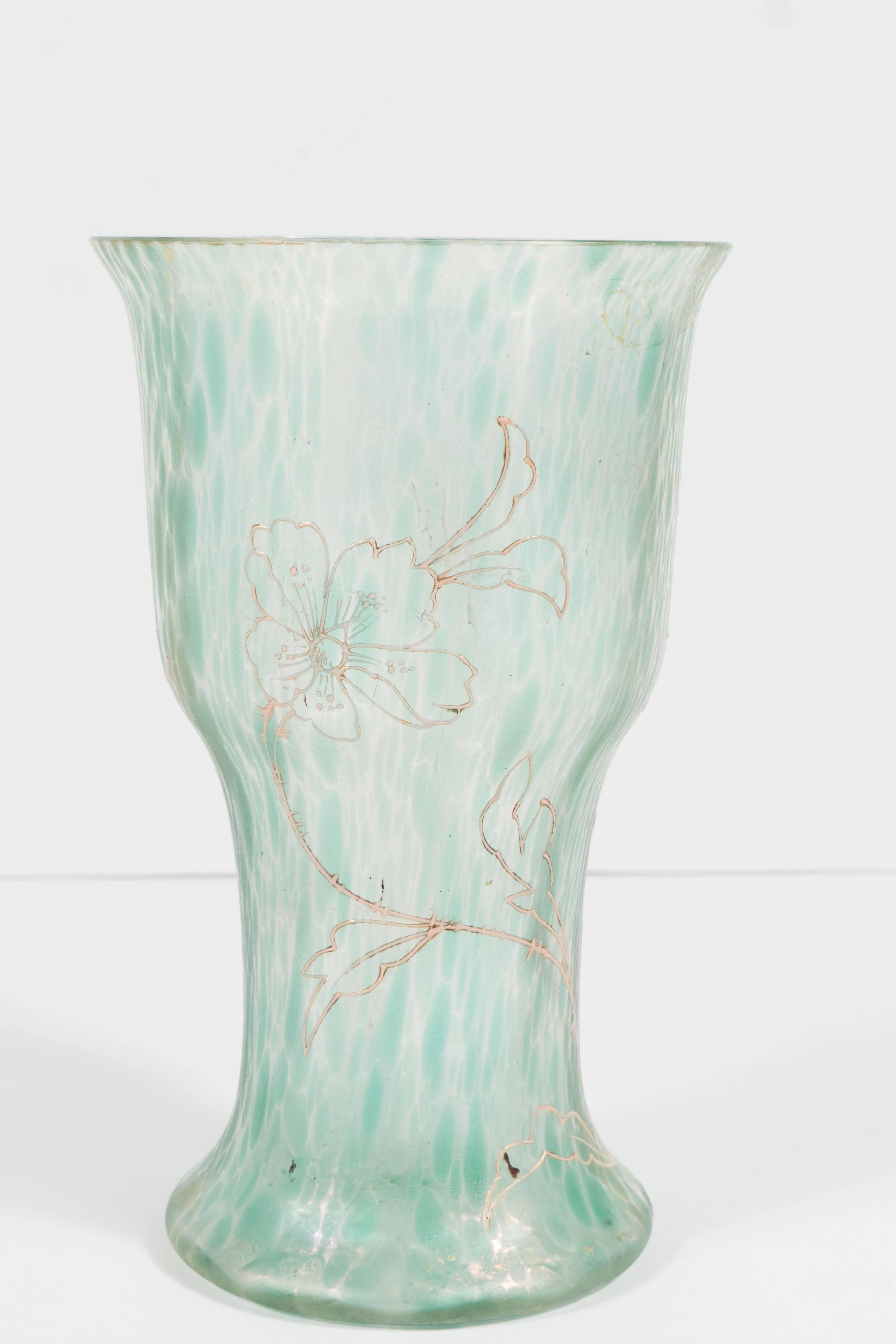 Early 20th Century Art Nouveau Austrian Art Glass Vase in Green Iridescent and Gold Relief Vine