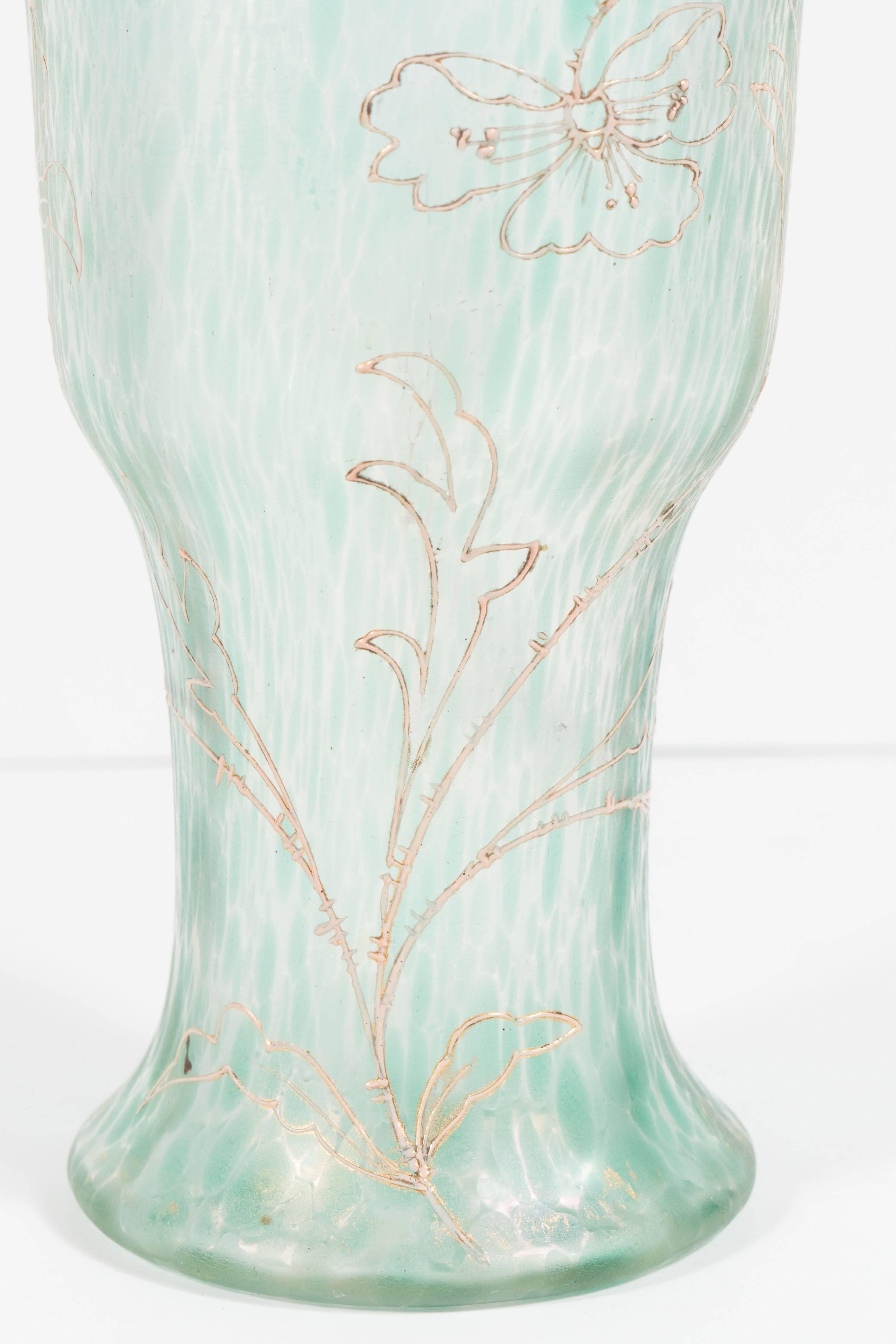 Gold Leaf Art Nouveau Austrian Art Glass Vase in Green Iridescent and Gold Relief Vine