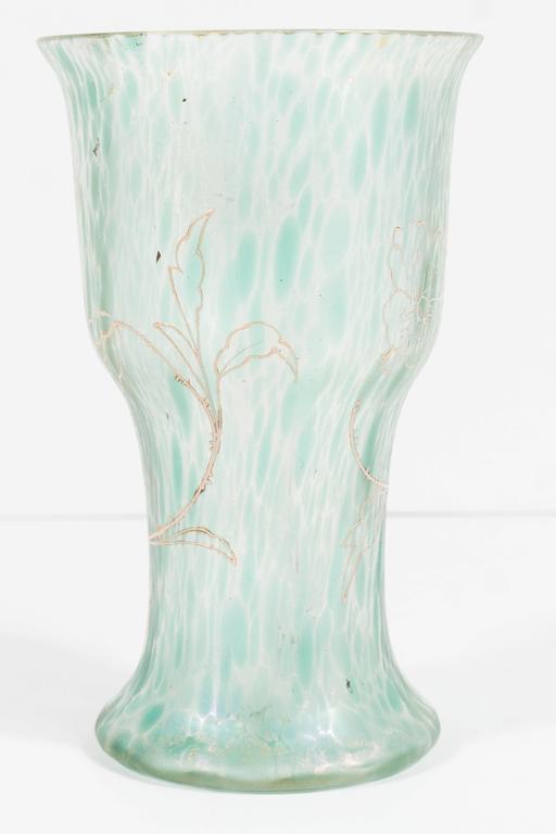 Art Nouveau Austrian Art Glass Vase in Green Iridescent and Gold Relief Vine For Sale 4