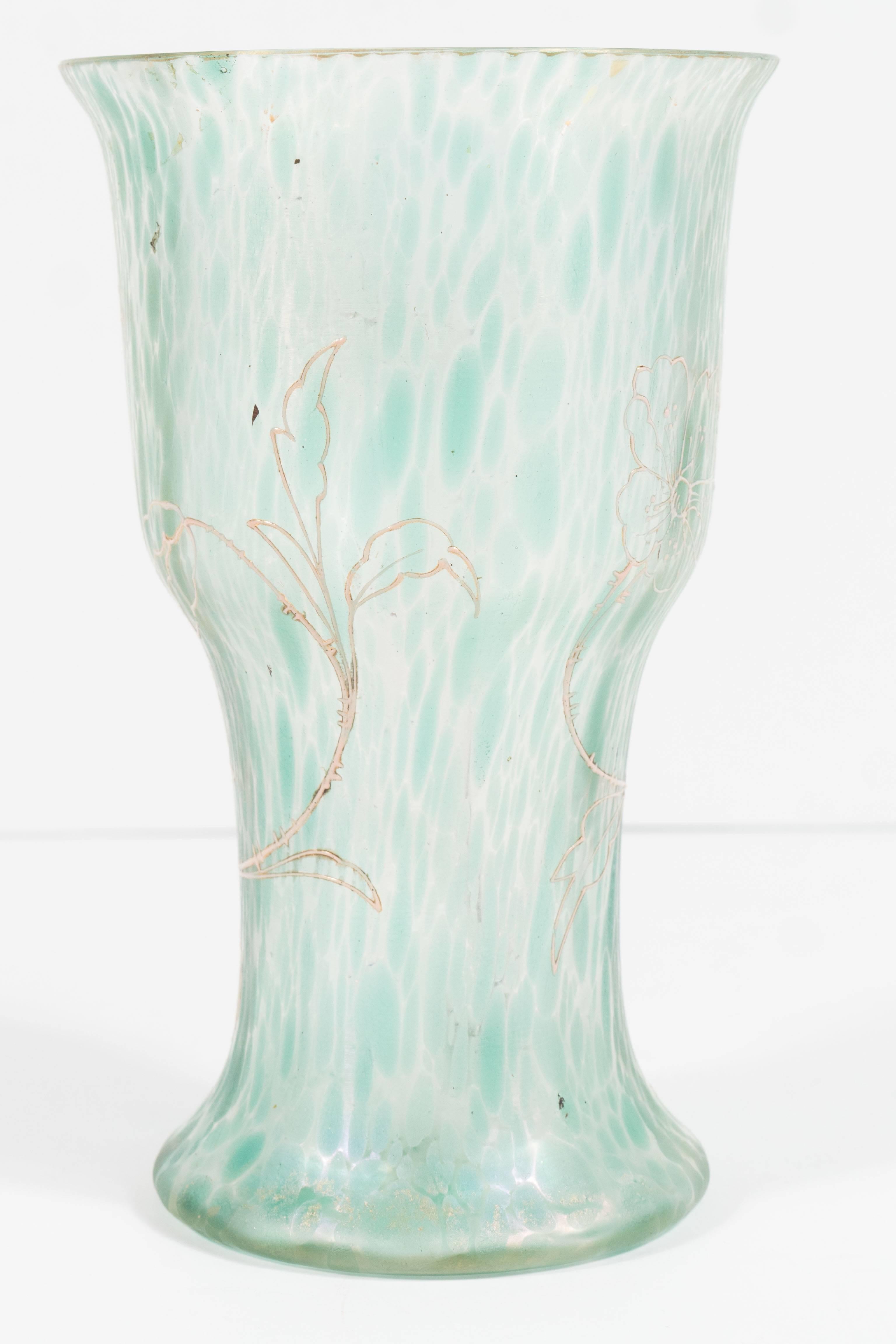 Art Nouveau Austrian Art Glass Vase in Green Iridescent and Gold Relief Vine 1