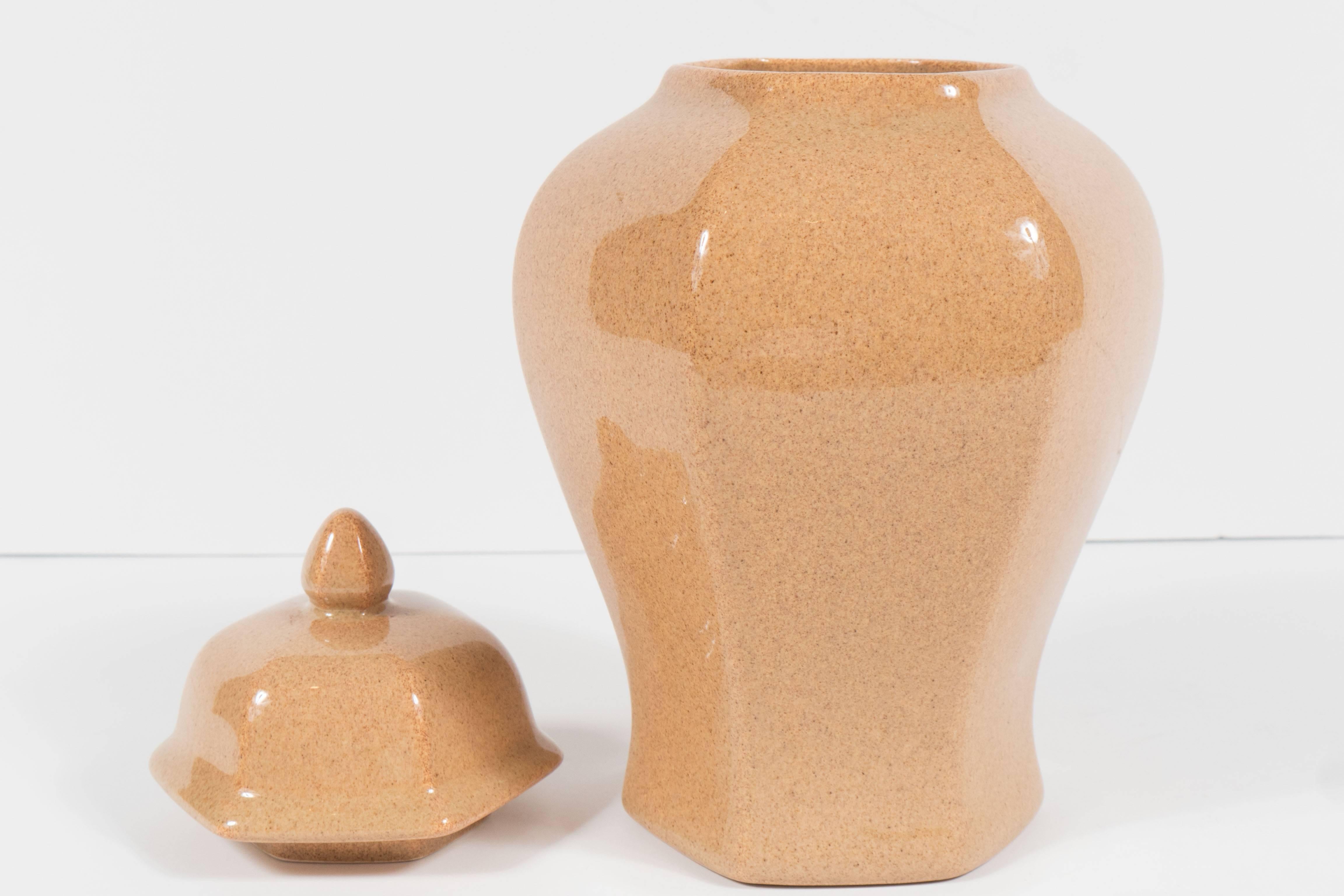 Mid-Century Modernist Ceramic Sand Colored Glazed Ginger Jar by Tiffany & Co In Excellent Condition For Sale In New York, NY