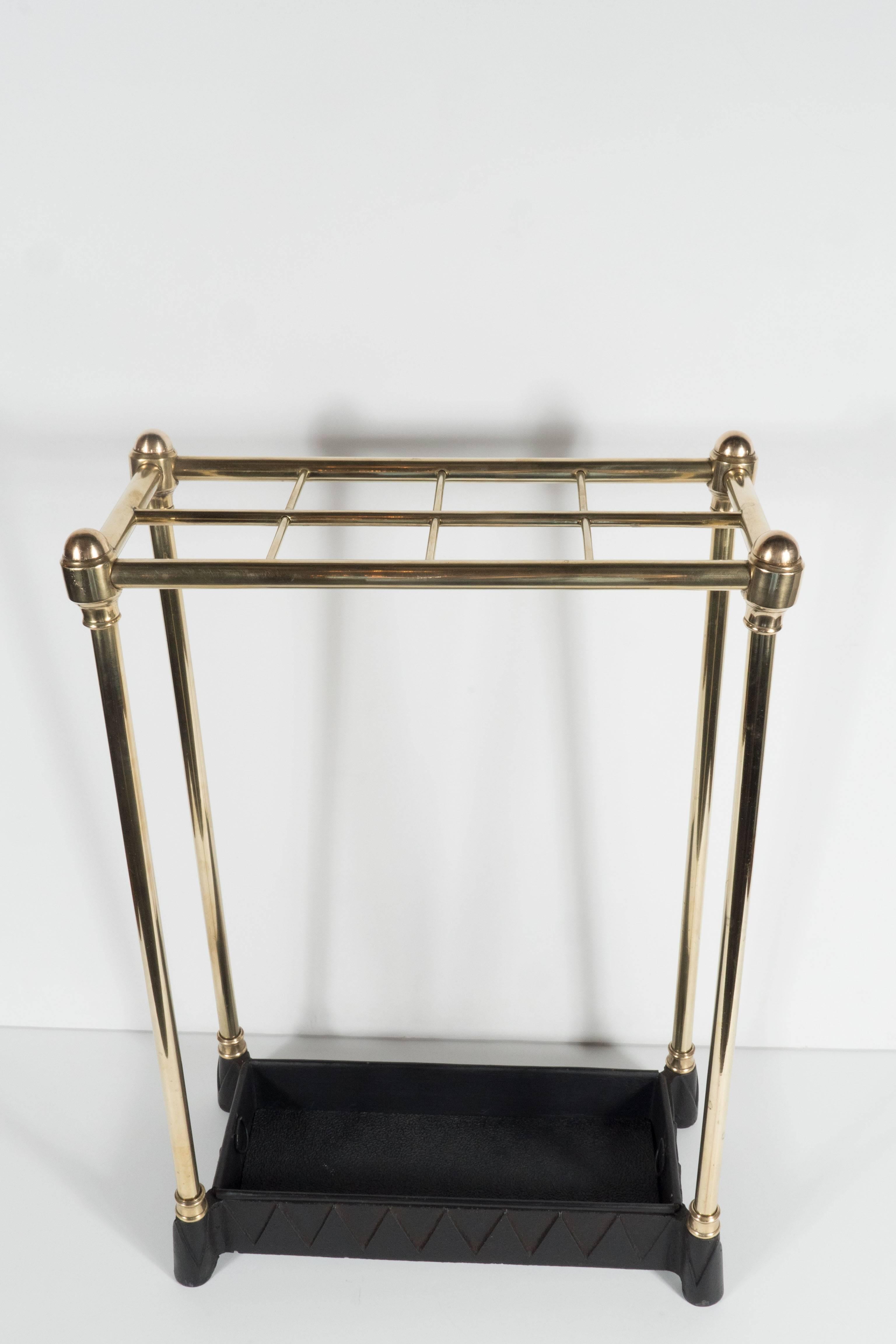 American Art Deco Machine Age Umbrella Stand in Brass and Black Enamel