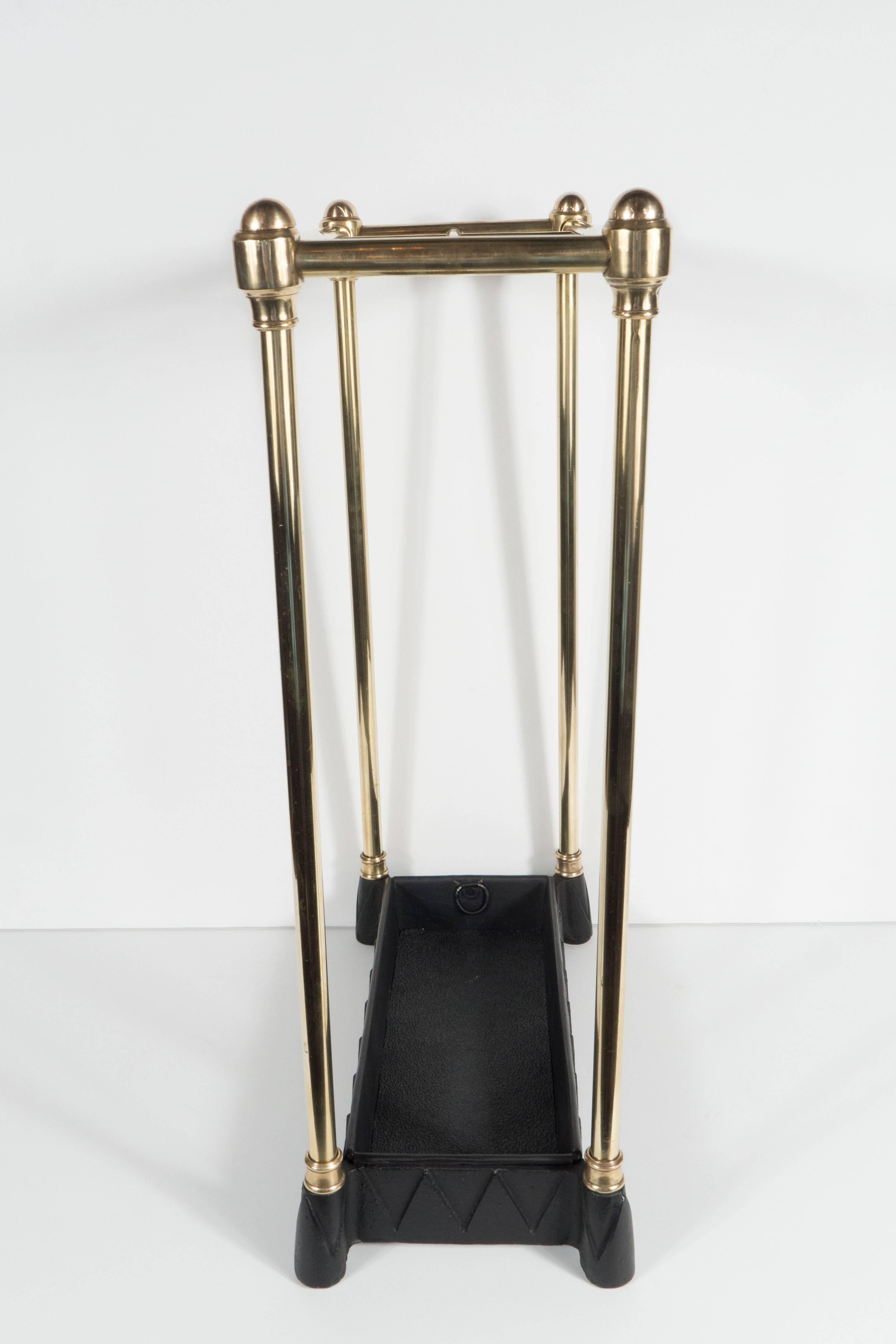Art Deco Machine Age Umbrella Stand in Brass and Black Enamel 1