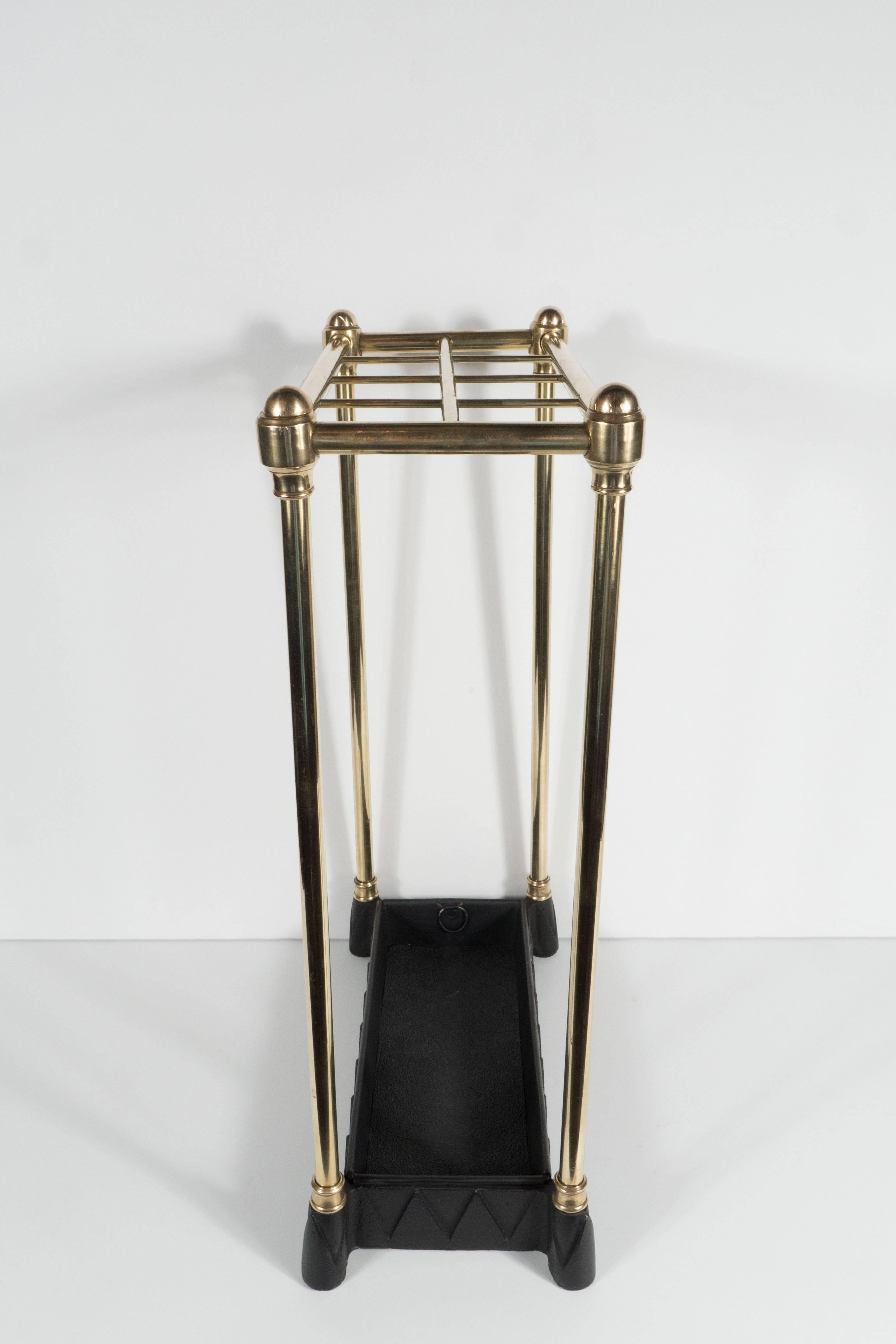 Mid-20th Century Art Deco Machine Age Umbrella Stand in Brass and Black Enamel