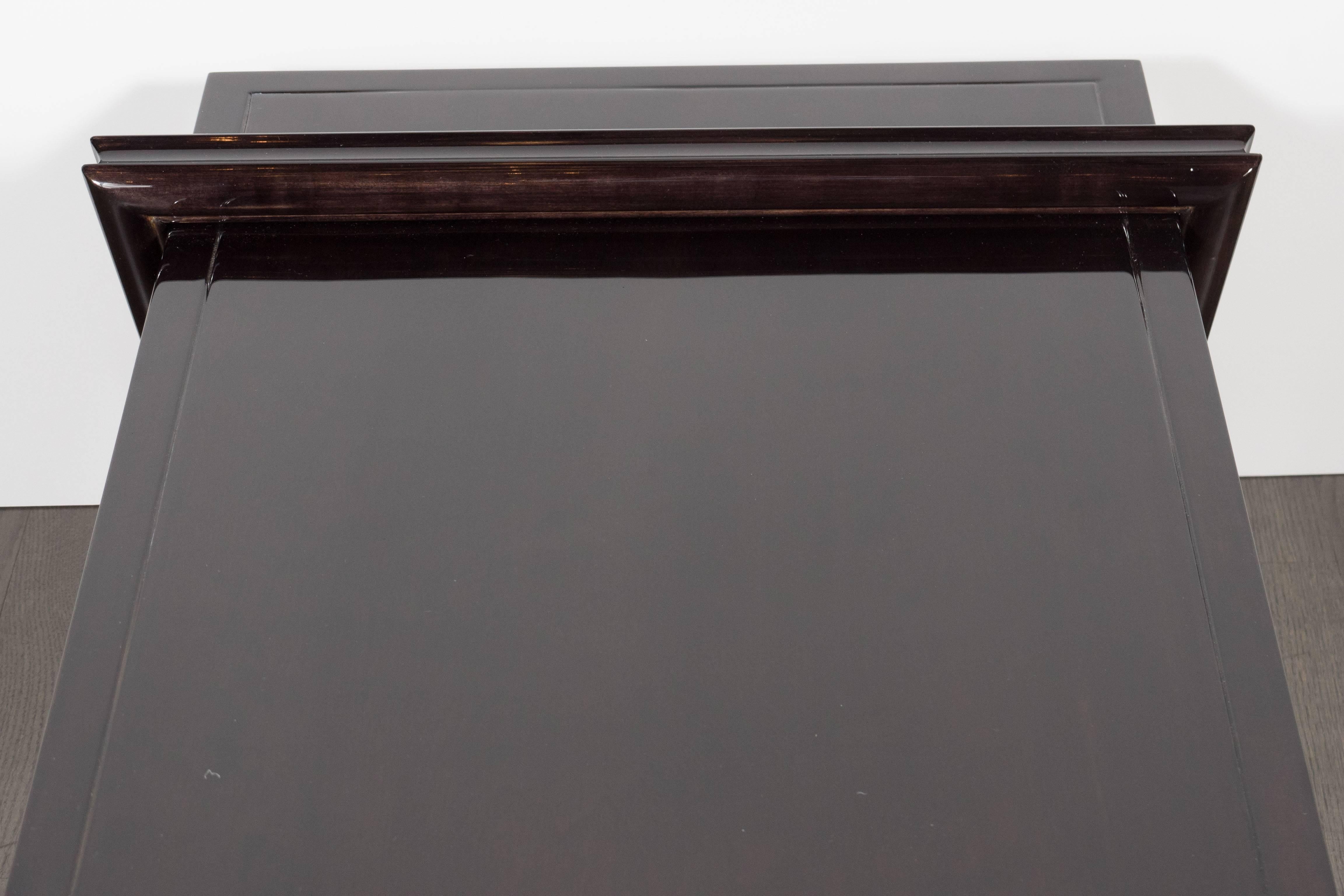 American Mid-Century Cocktail Table in Ebonized Walnut Wraparound Base Signed James Mont