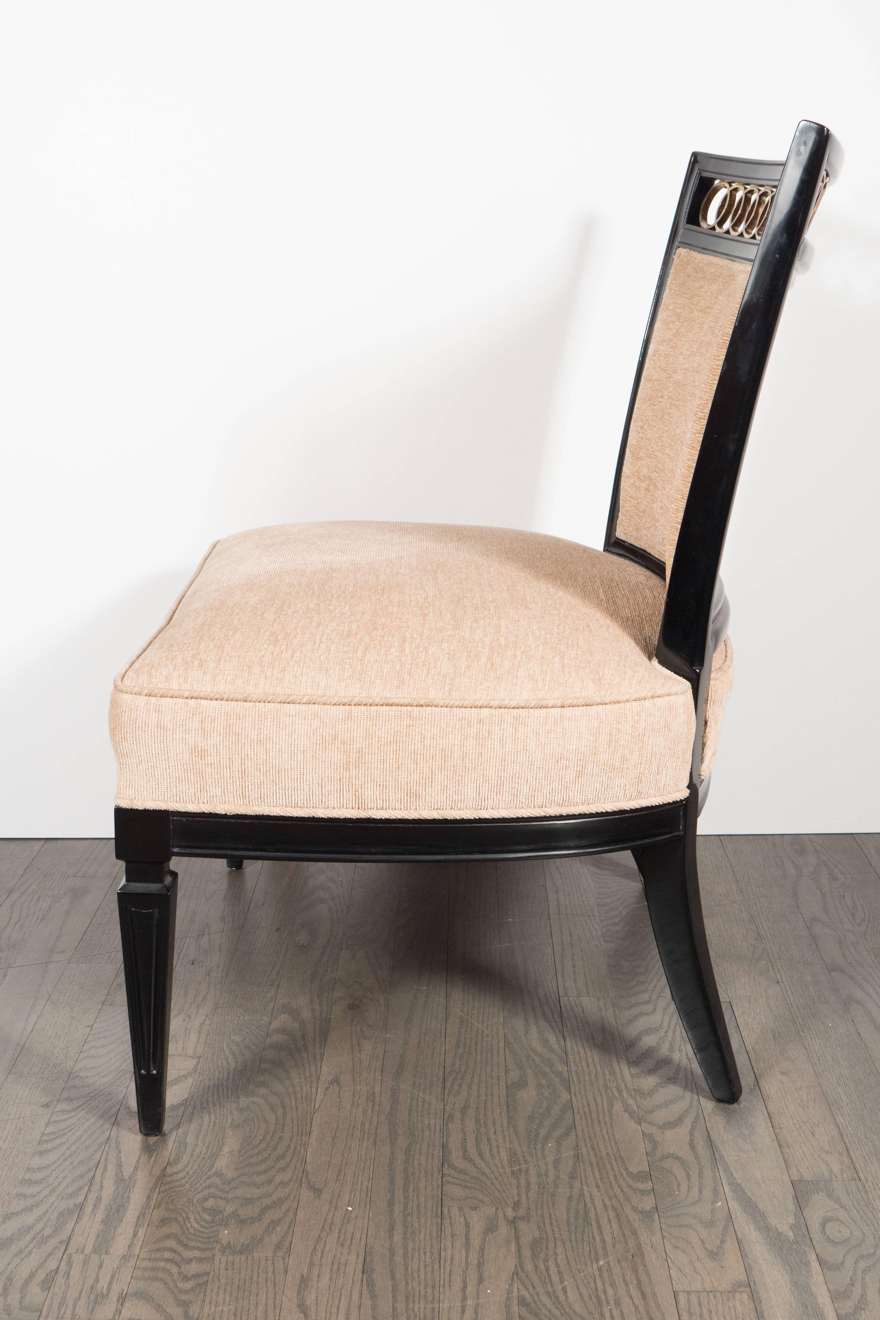 Mid-Century Modern Pair of Mid-Century Slipper Chairs in Ebonized Walnut with Brass Detailing