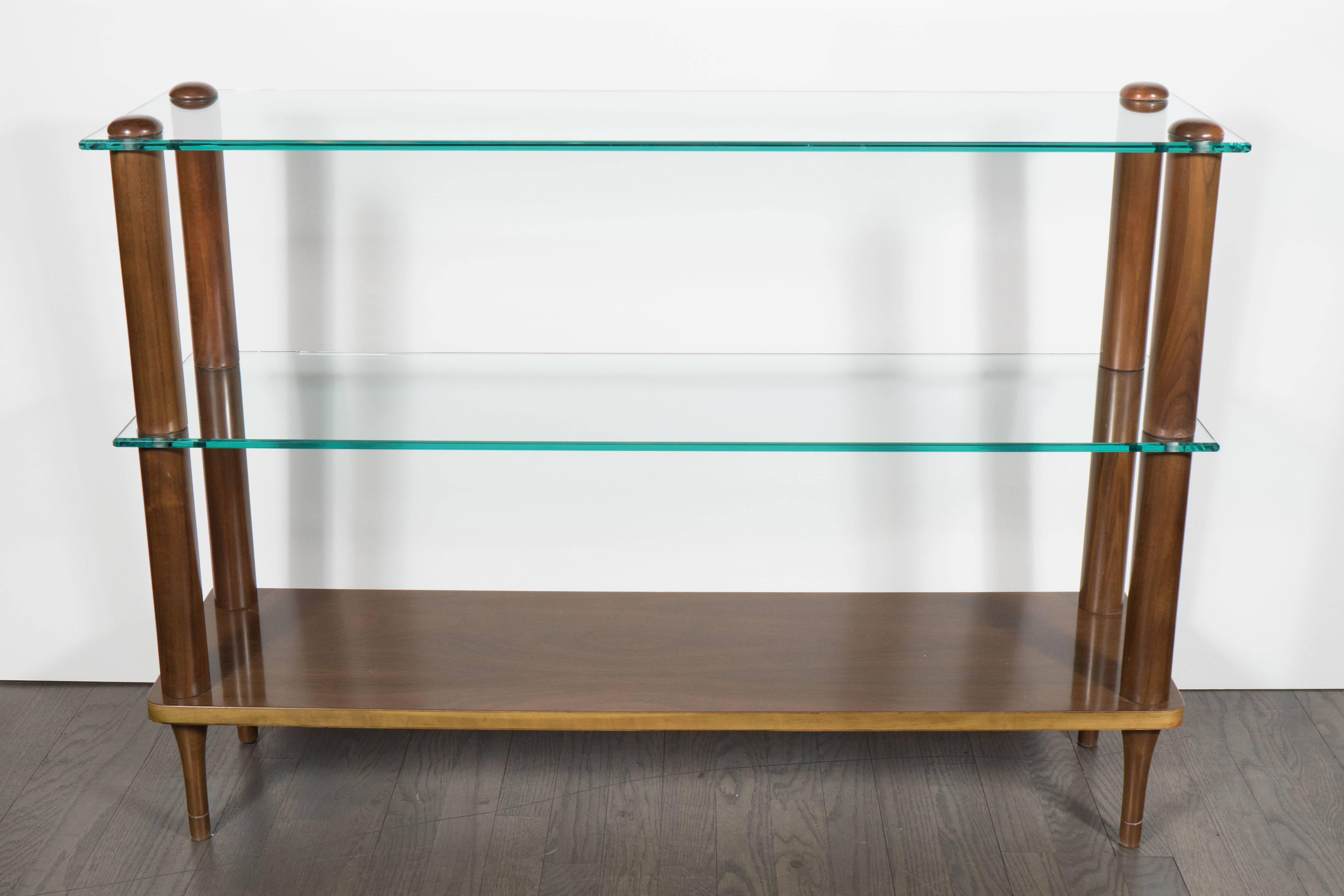 Art Deco Streamlined Glass and Walnut Shelf Trio by Gilbert Rohde 3