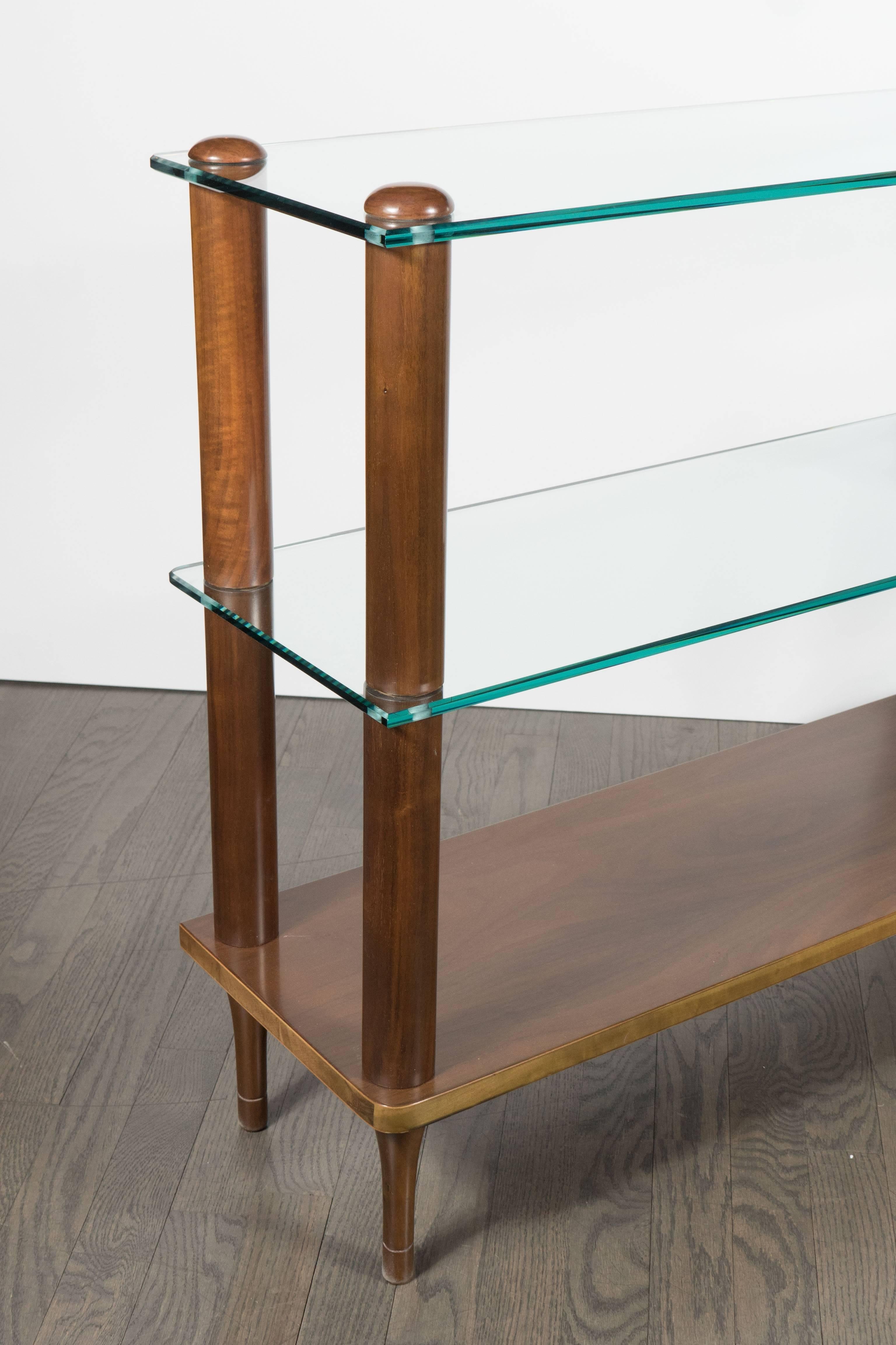 Art Deco Streamlined Glass and Walnut Shelf Trio by Gilbert Rohde 2