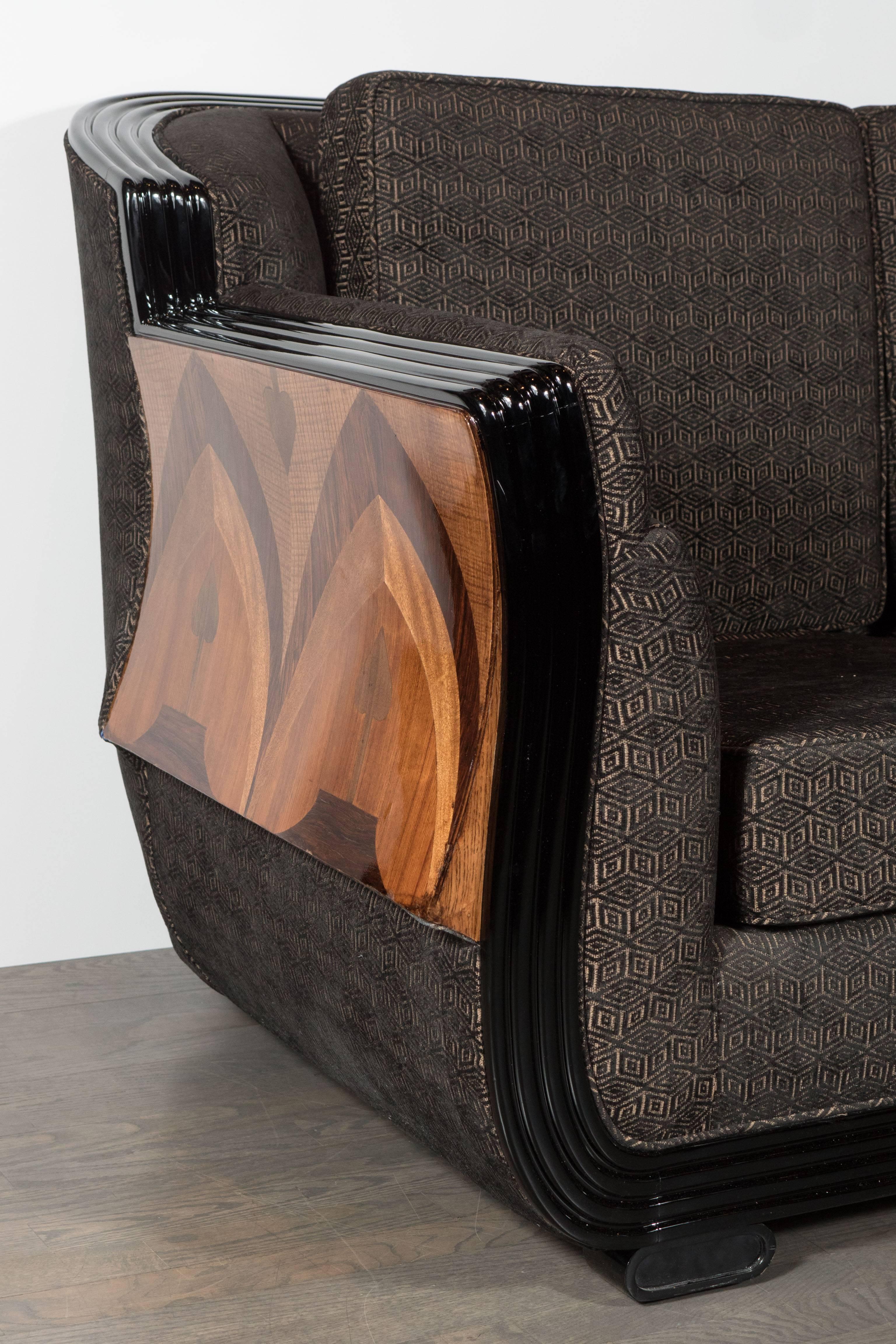 American Cubist Art Deco Sofa w/ Walnut, Exotic Elm, Mahogany & Black Lacquer Detailing