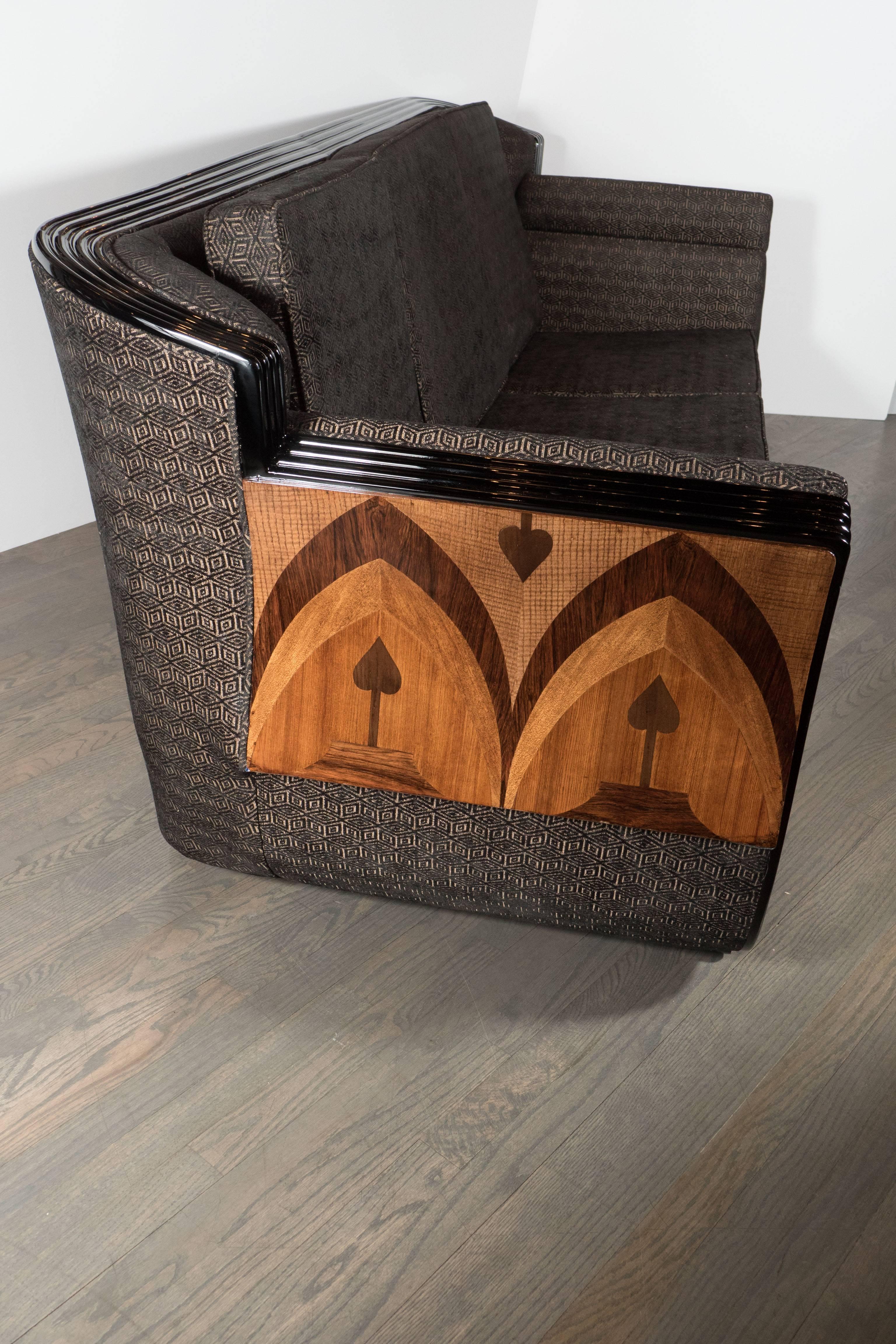 Cubist Art Deco Sofa w/ Walnut, Exotic Elm, Mahogany & Black Lacquer Detailing 1