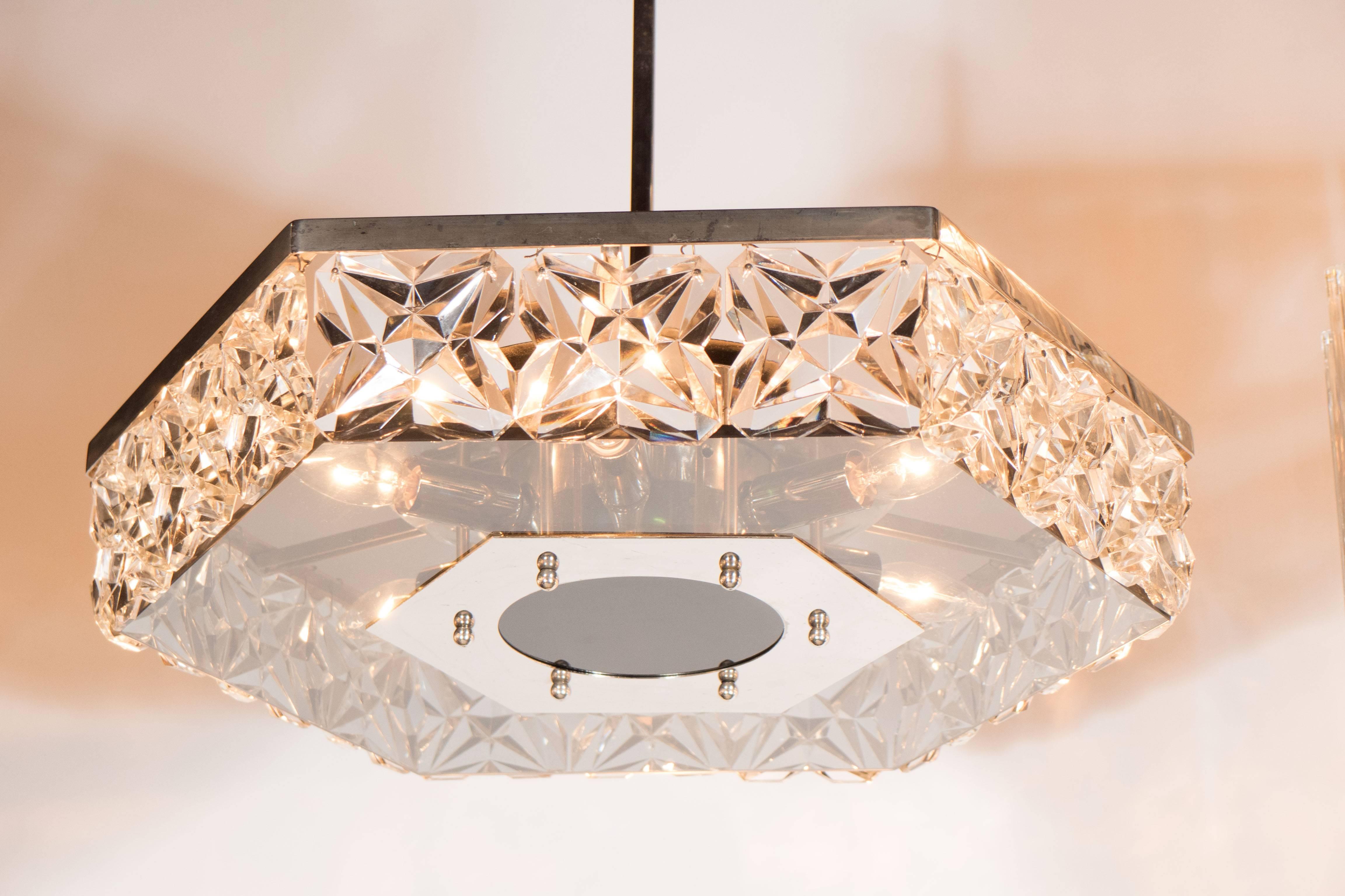 German Mid-Century Modernist Faceted Crystal Hexagonal Chandelier by Kinkeldey For Sale