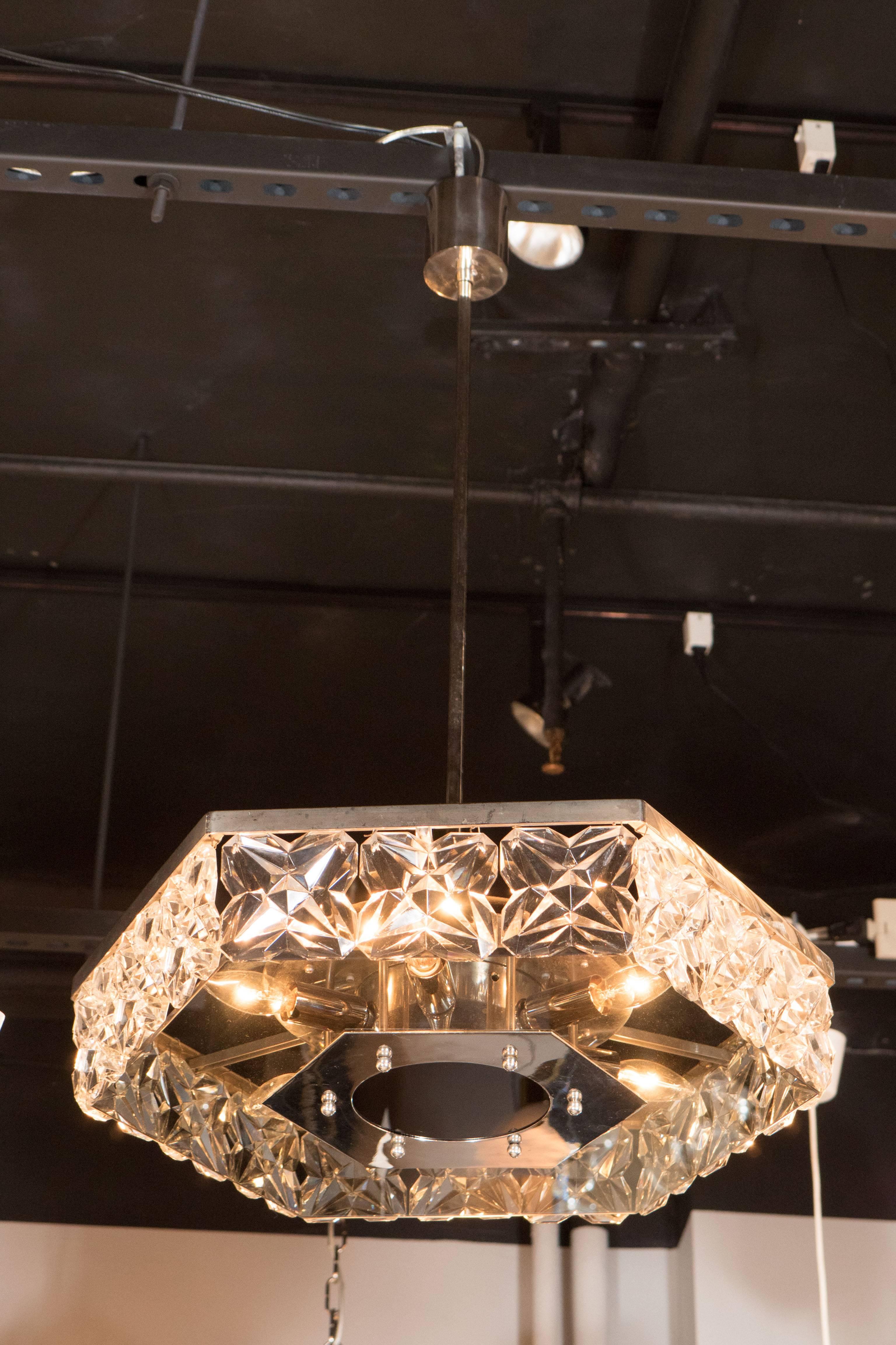 Glass Mid-Century Modernist Faceted Crystal Hexagonal Chandelier by Kinkeldey For Sale