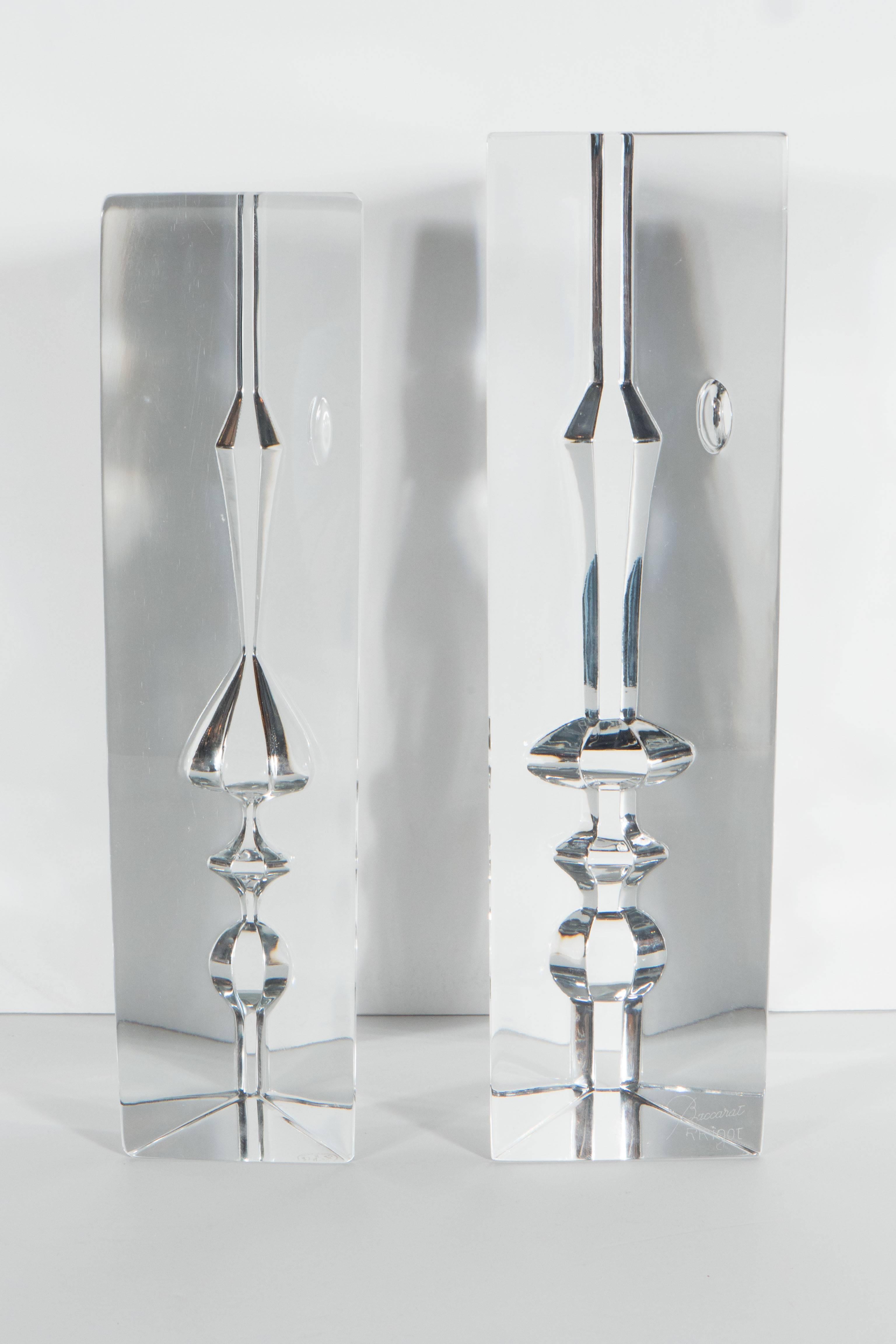 Pair of Stunning Mid-Century Baccarat Crystal Face Bookends Designed by R.Rigot In Excellent Condition In New York, NY