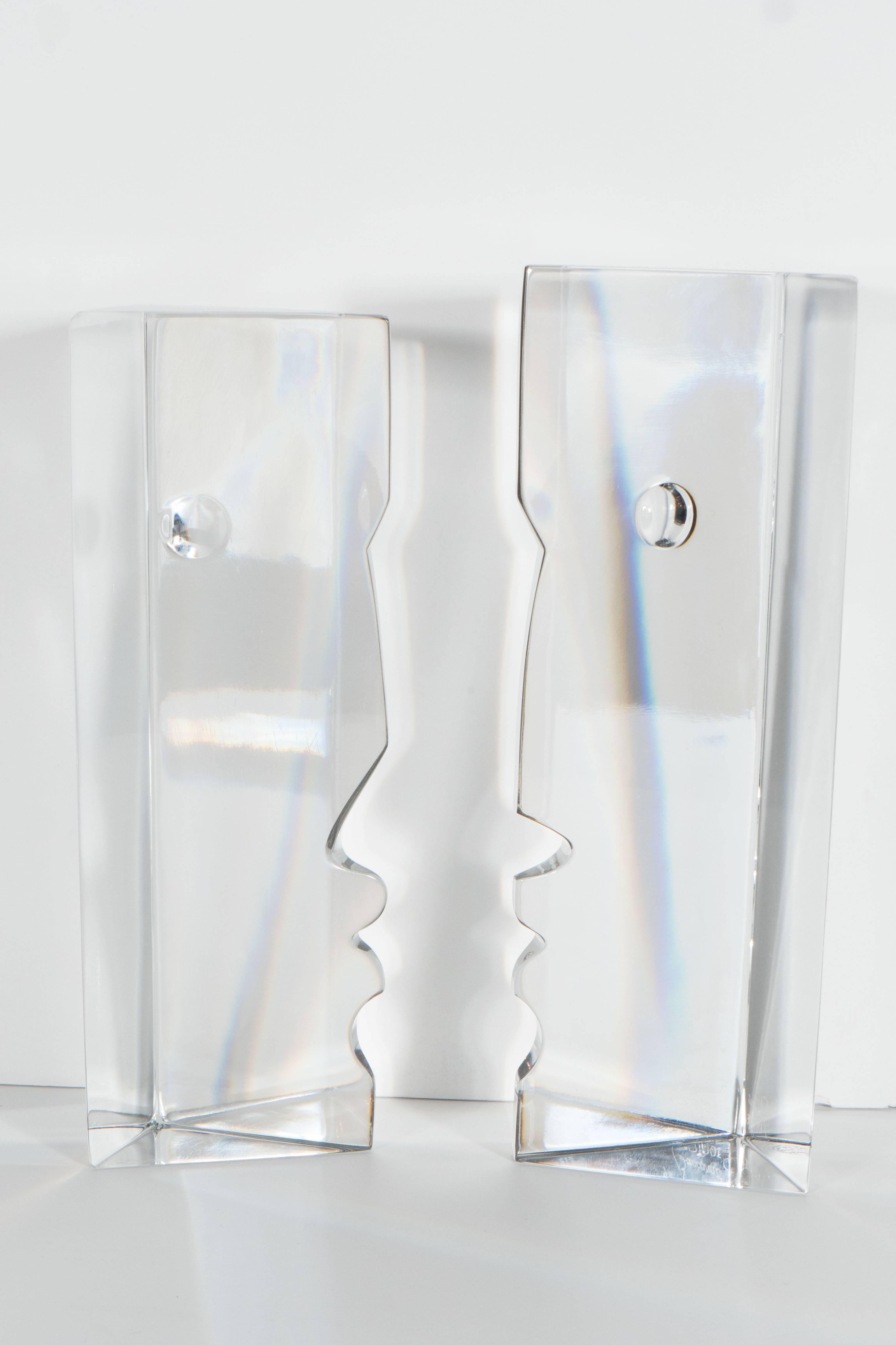 Late 20th Century Pair of Stunning Mid-Century Baccarat Crystal Face Bookends Designed by R.Rigot