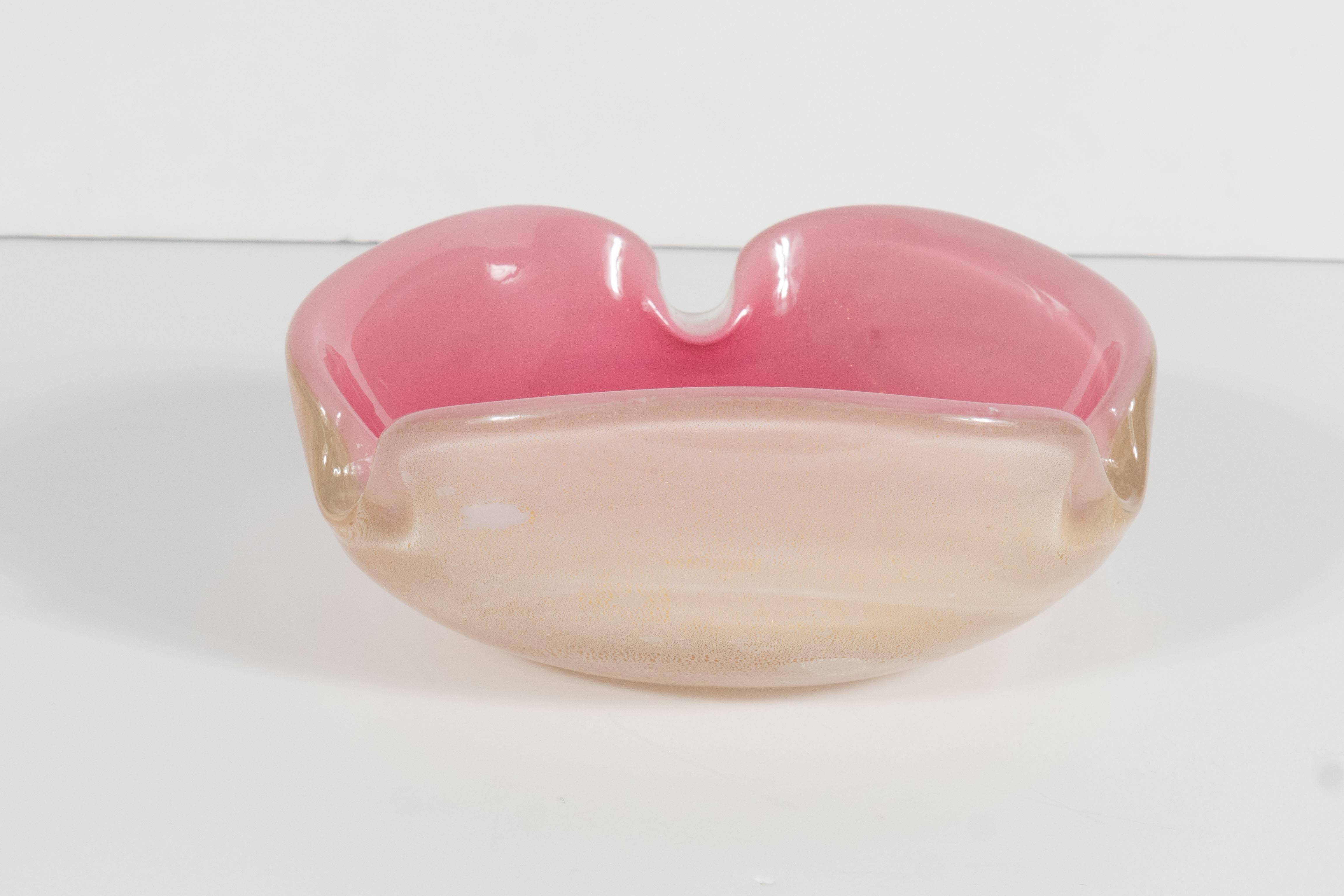 Mid-Century Modern Handblown Murano Glass Ashtray in Hues of Rose and Pink with Yellow Gold
