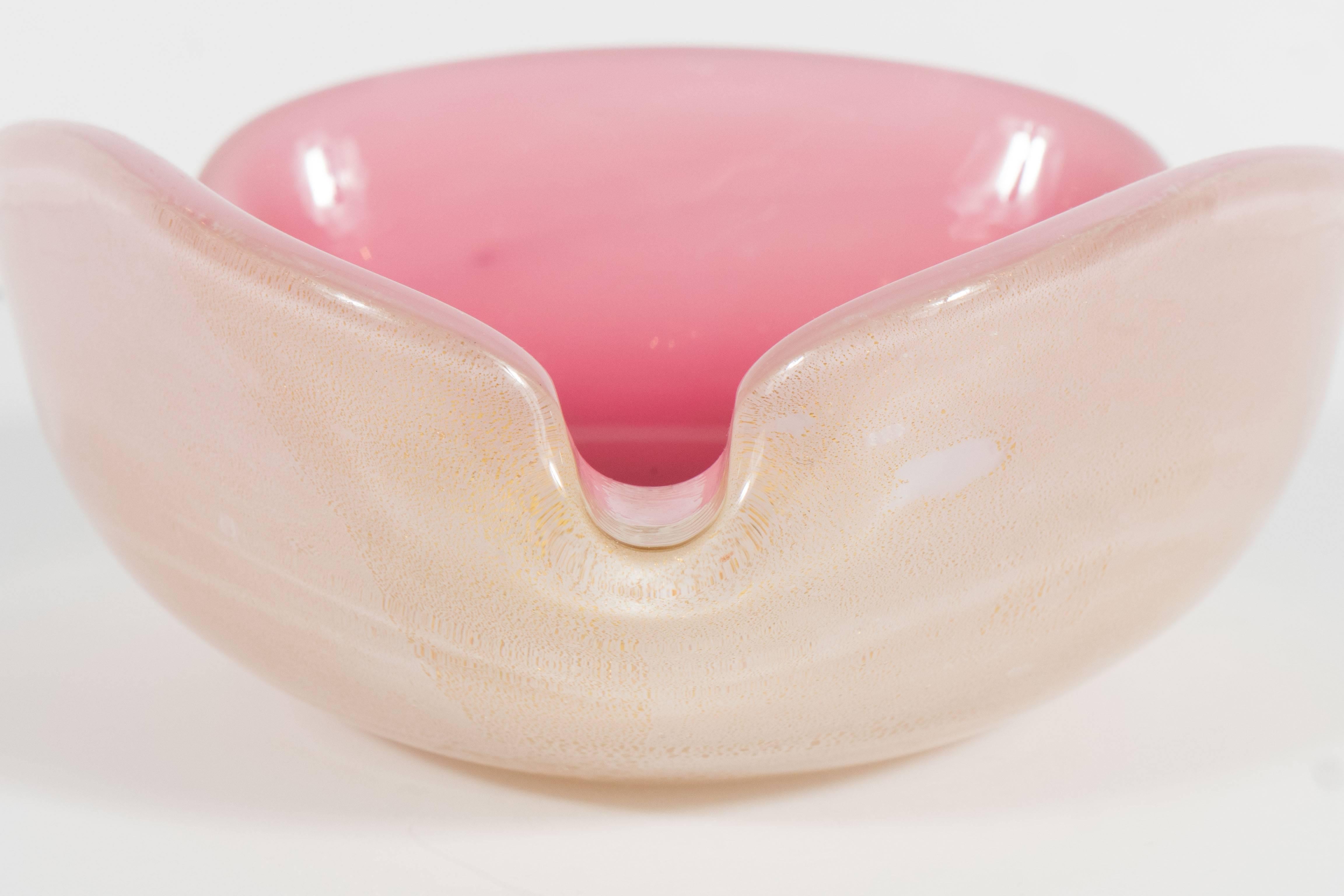 Italian Handblown Murano Glass Ashtray in Hues of Rose and Pink with Yellow Gold