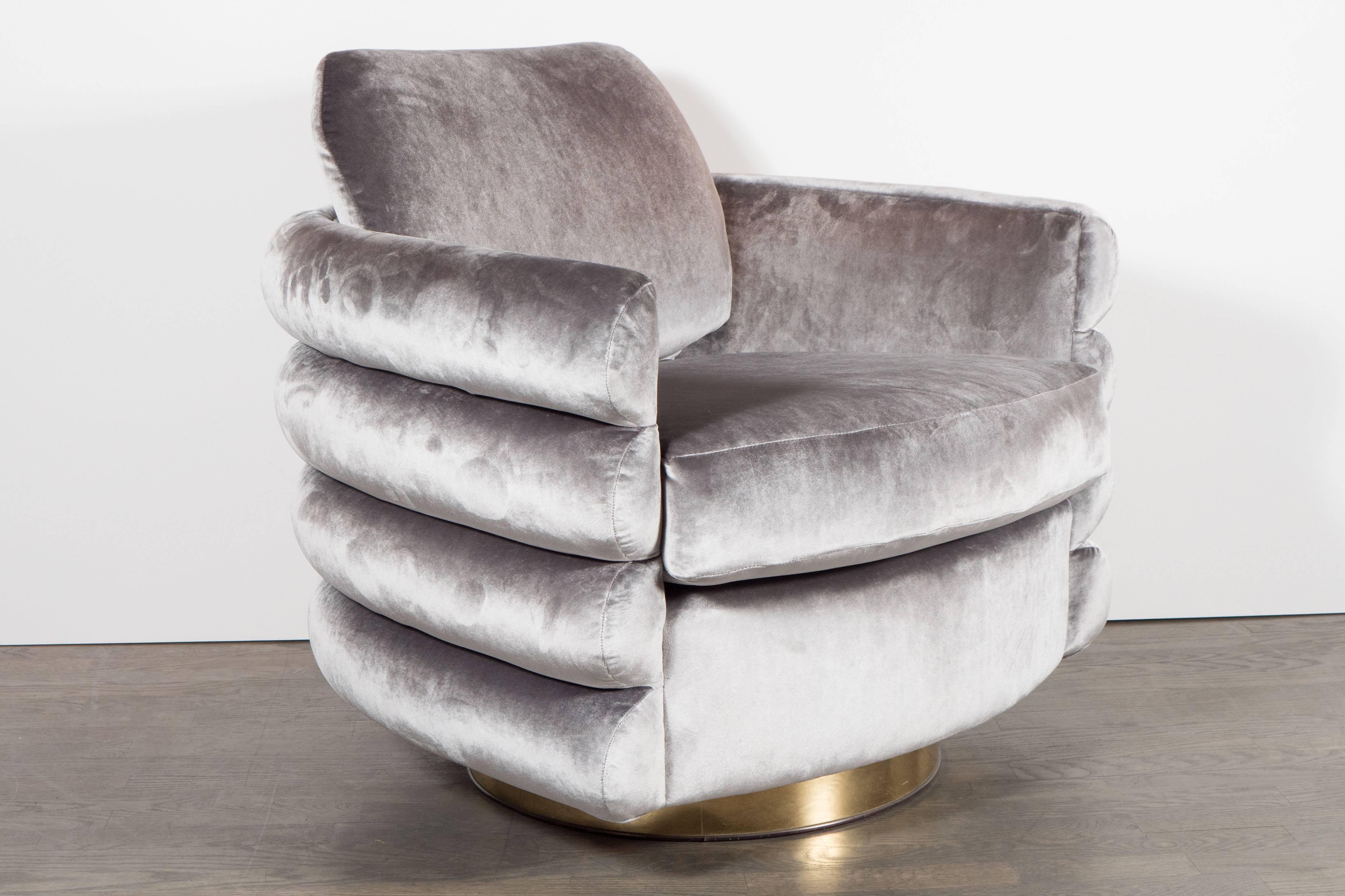 Pair of Milo Baughman Tilt and Swivel Chairs in Platinum Velvet with Brass﻿ 2