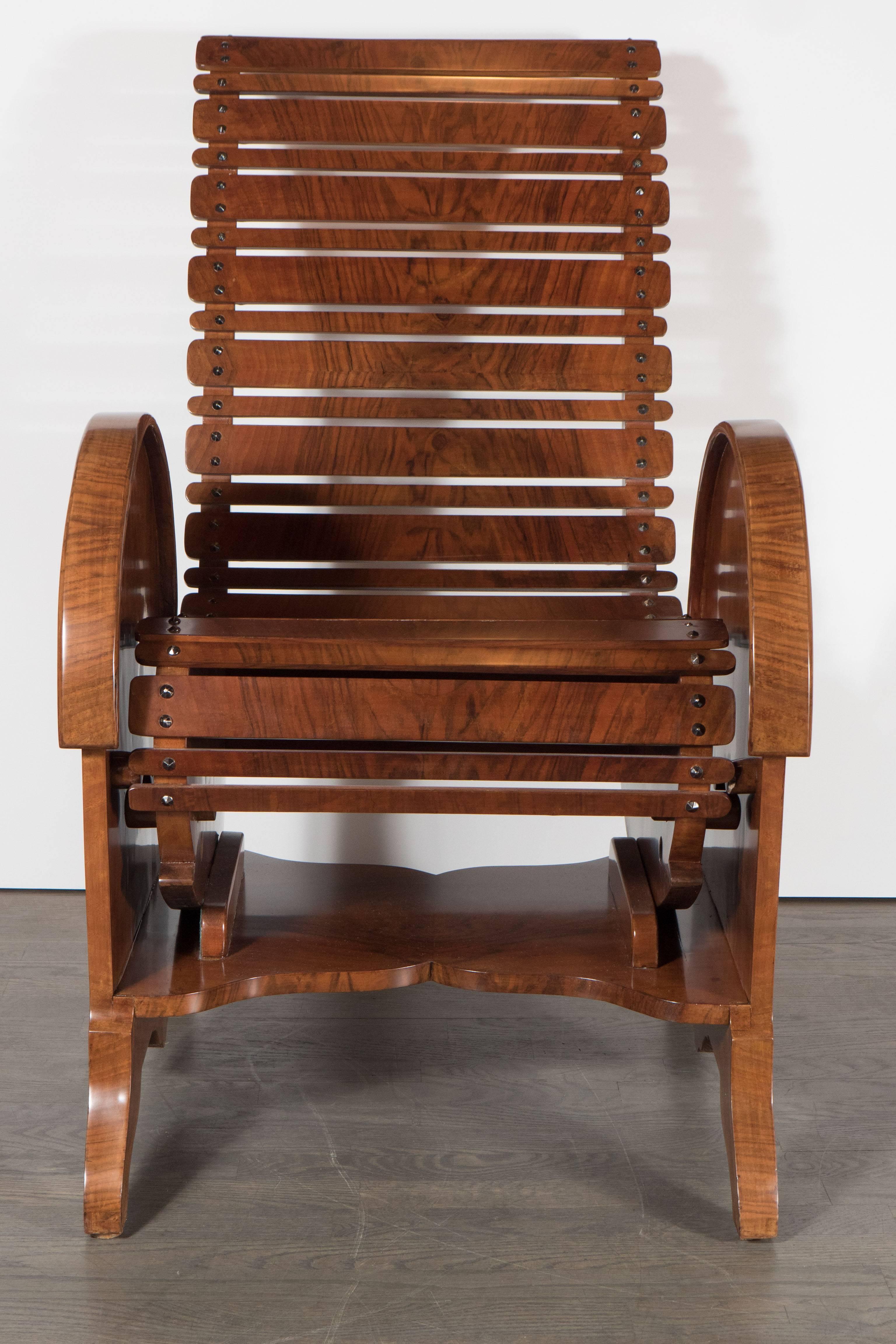 French Art Deco Bookmatched Burled Walnut Adjustable Chair with Slatted Design In Excellent Condition In New York, NY