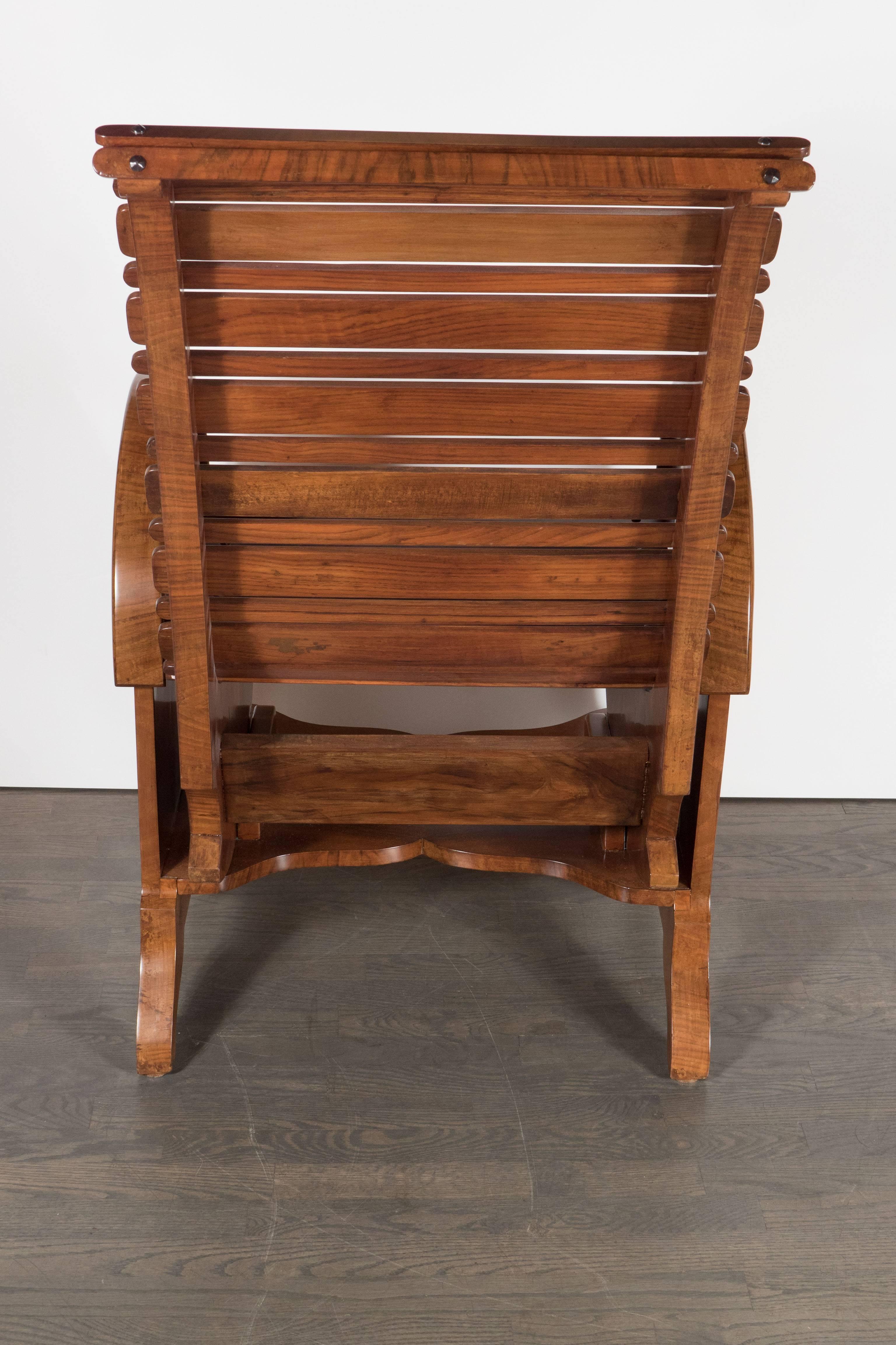 French Art Deco Bookmatched Burled Walnut Adjustable Chair with Slatted Design 1