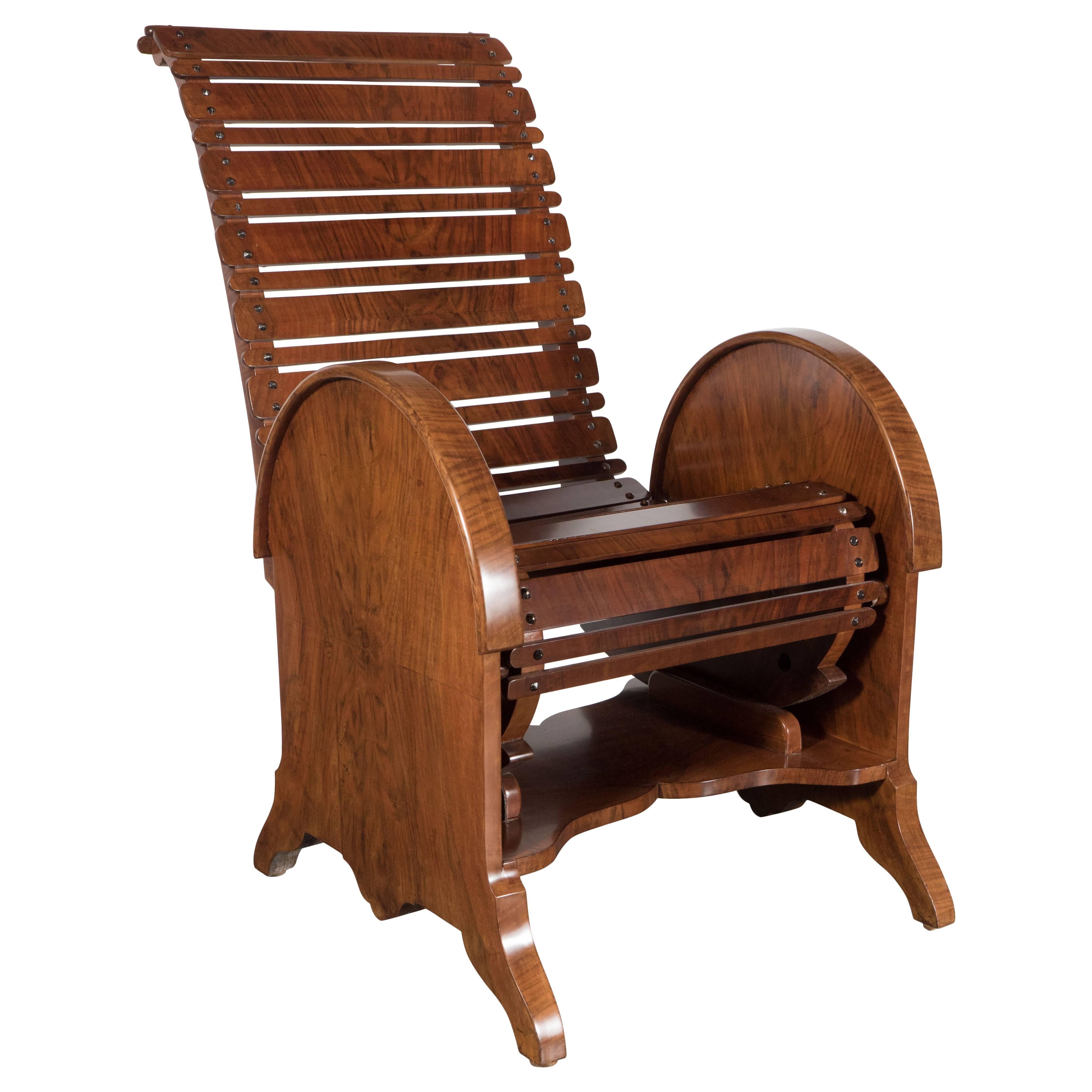 French Art Deco Bookmatched Burled Walnut Adjustable Chair with Slatted Design