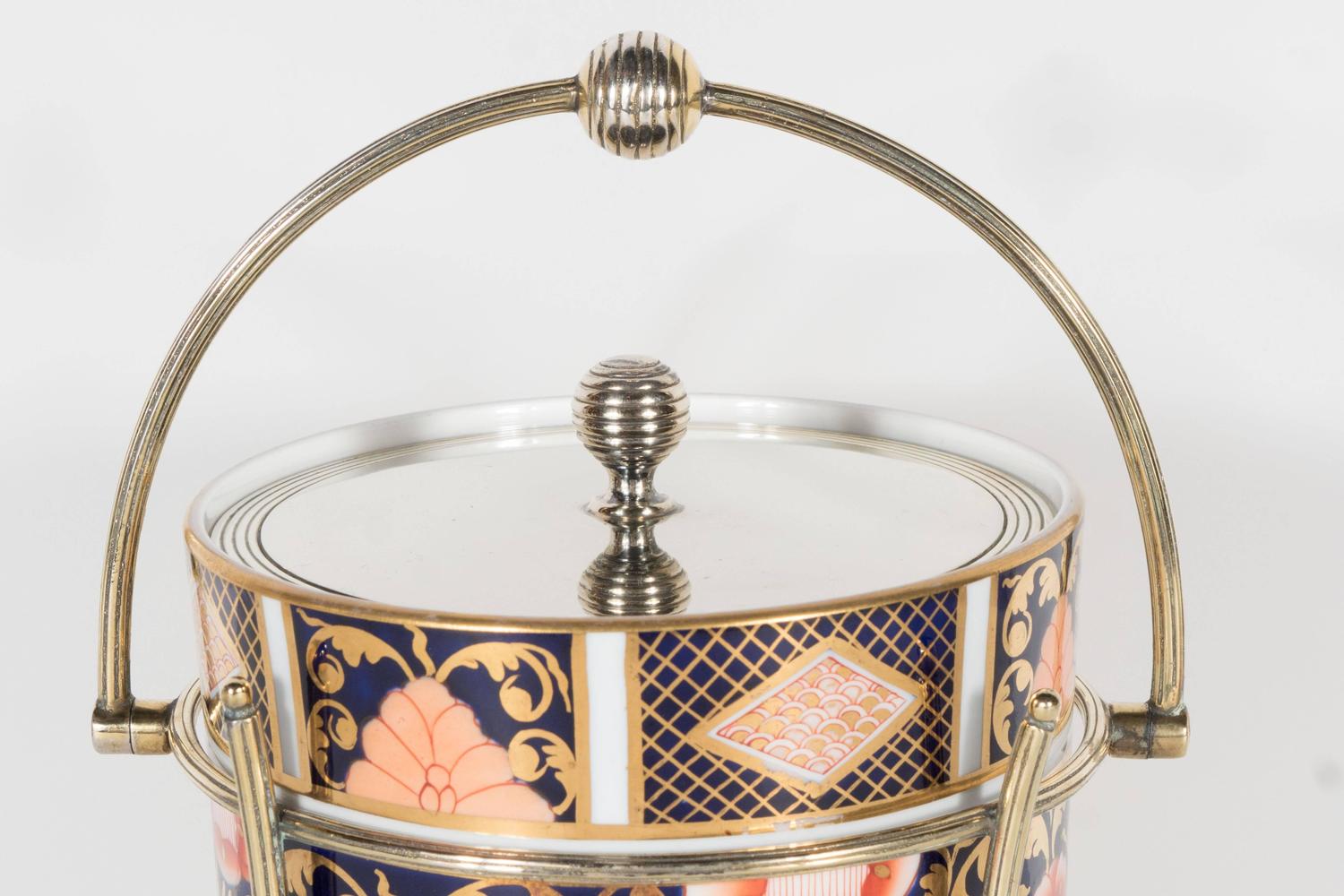 Antique English Biscuit Holder in Porcelain and Silver Plate by Spode