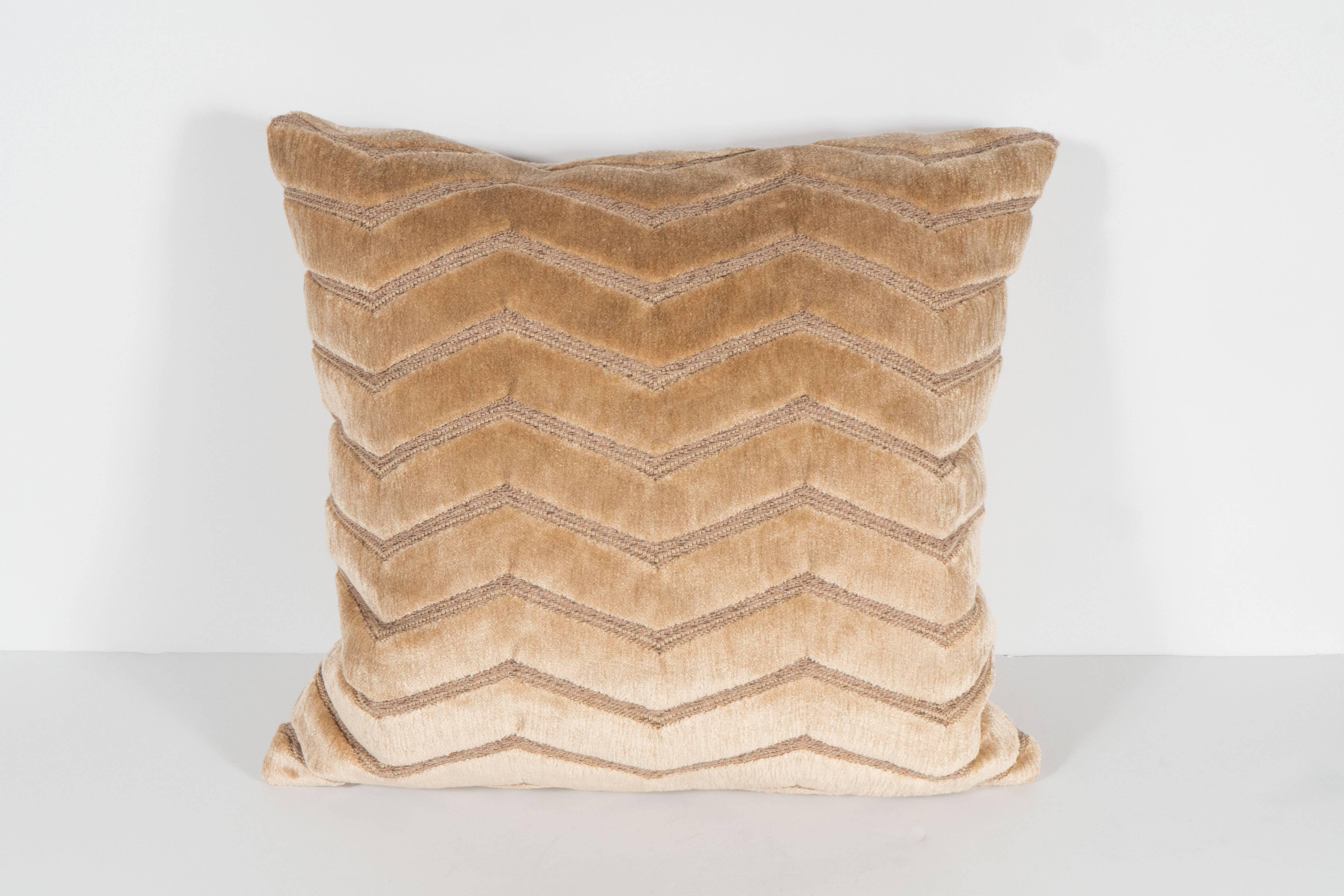 Modern Set of Three Custom Made Embossed Velvet Chevron Design Pillows in Camel