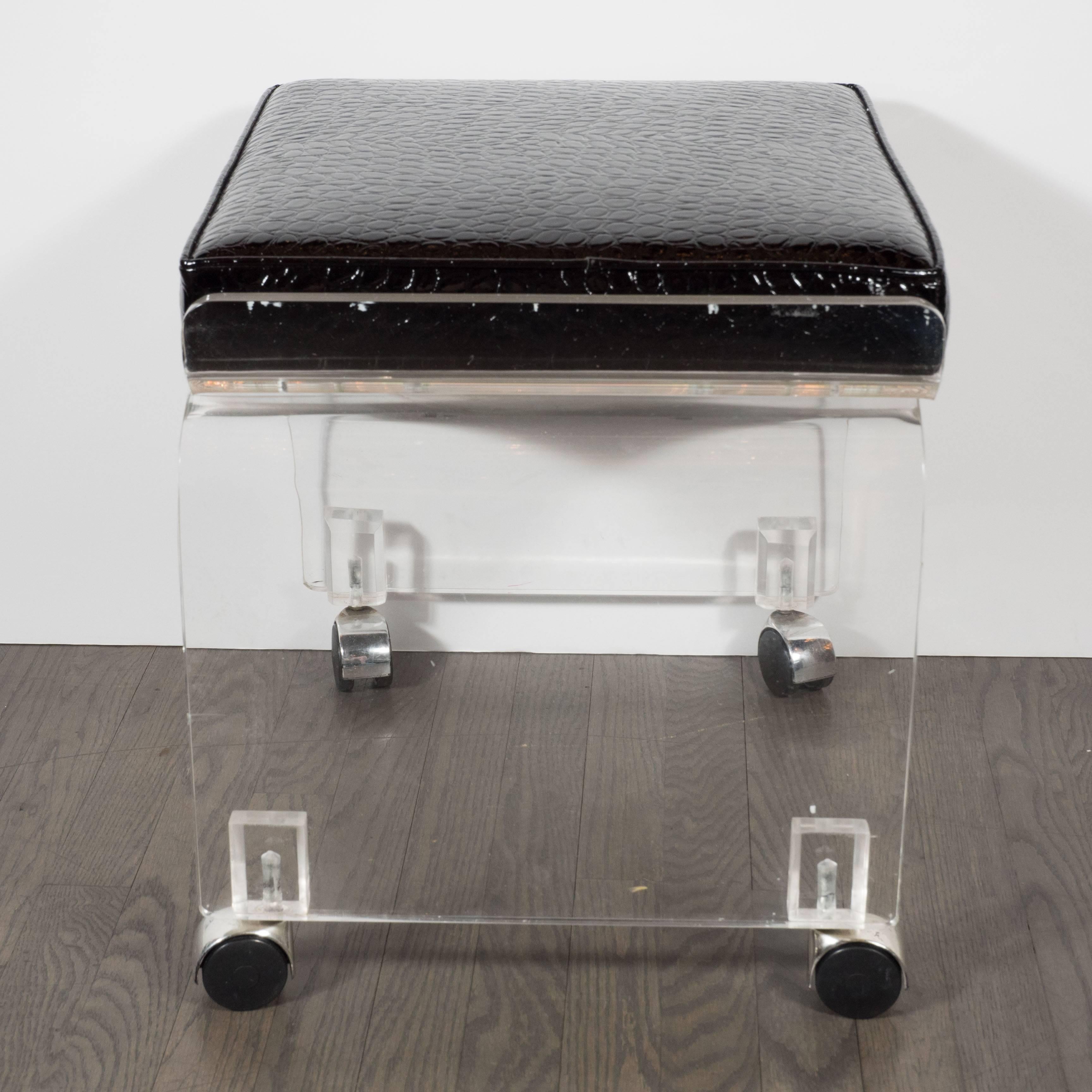 Late 20th Century Mid-Century Lucite and Black Faux Crocodile Upholstery Swivel Stool or Bench