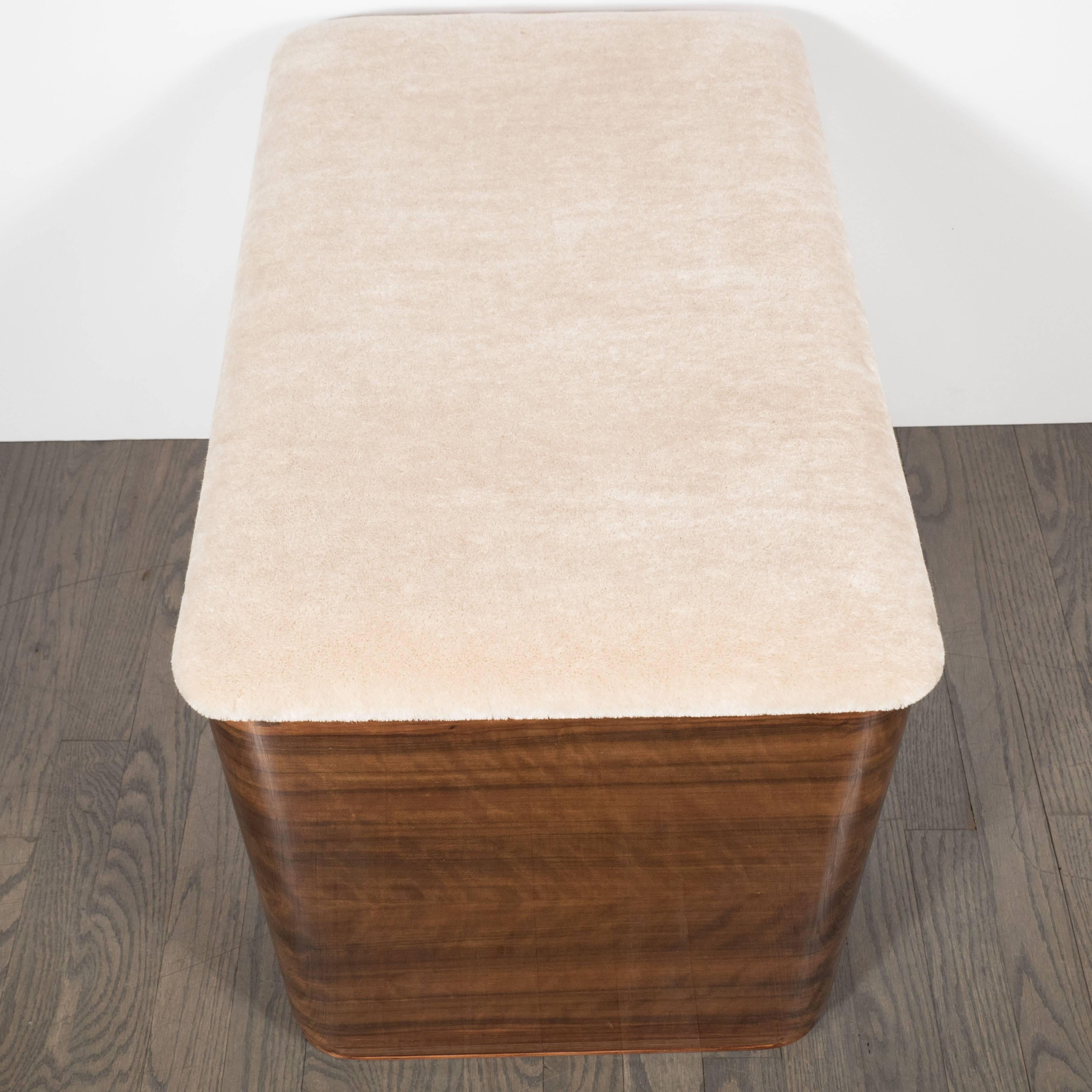 Mid-20th Century Art Deco Machine Age Storage Bench in Bookmatched Walnut and Camel Mohair