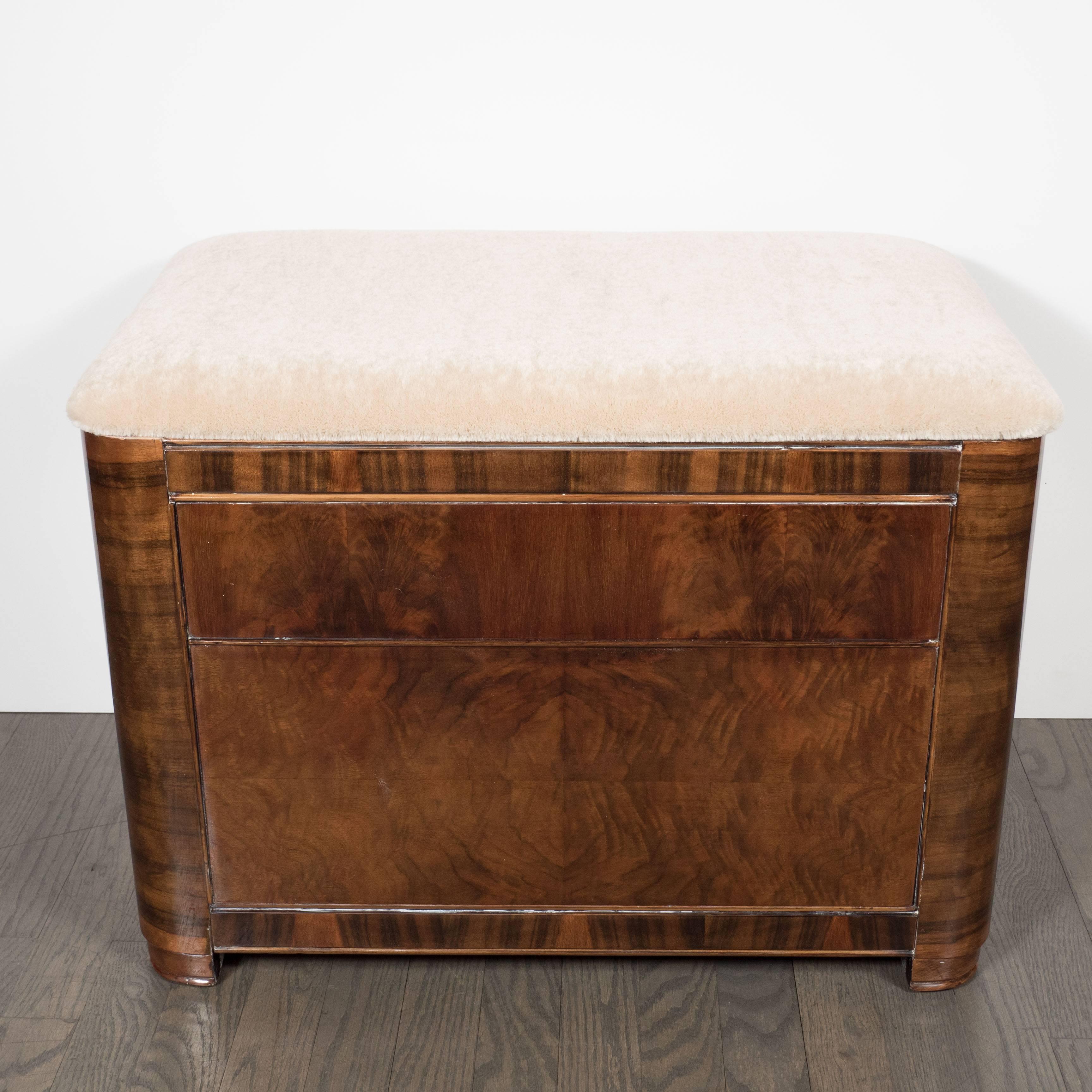 Art Deco Machine Age Storage Bench in Bookmatched Walnut and Camel Mohair In Excellent Condition In New York, NY