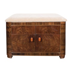Art Deco Machine Age Storage Bench in Bookmatched Walnut and Camel Mohair
