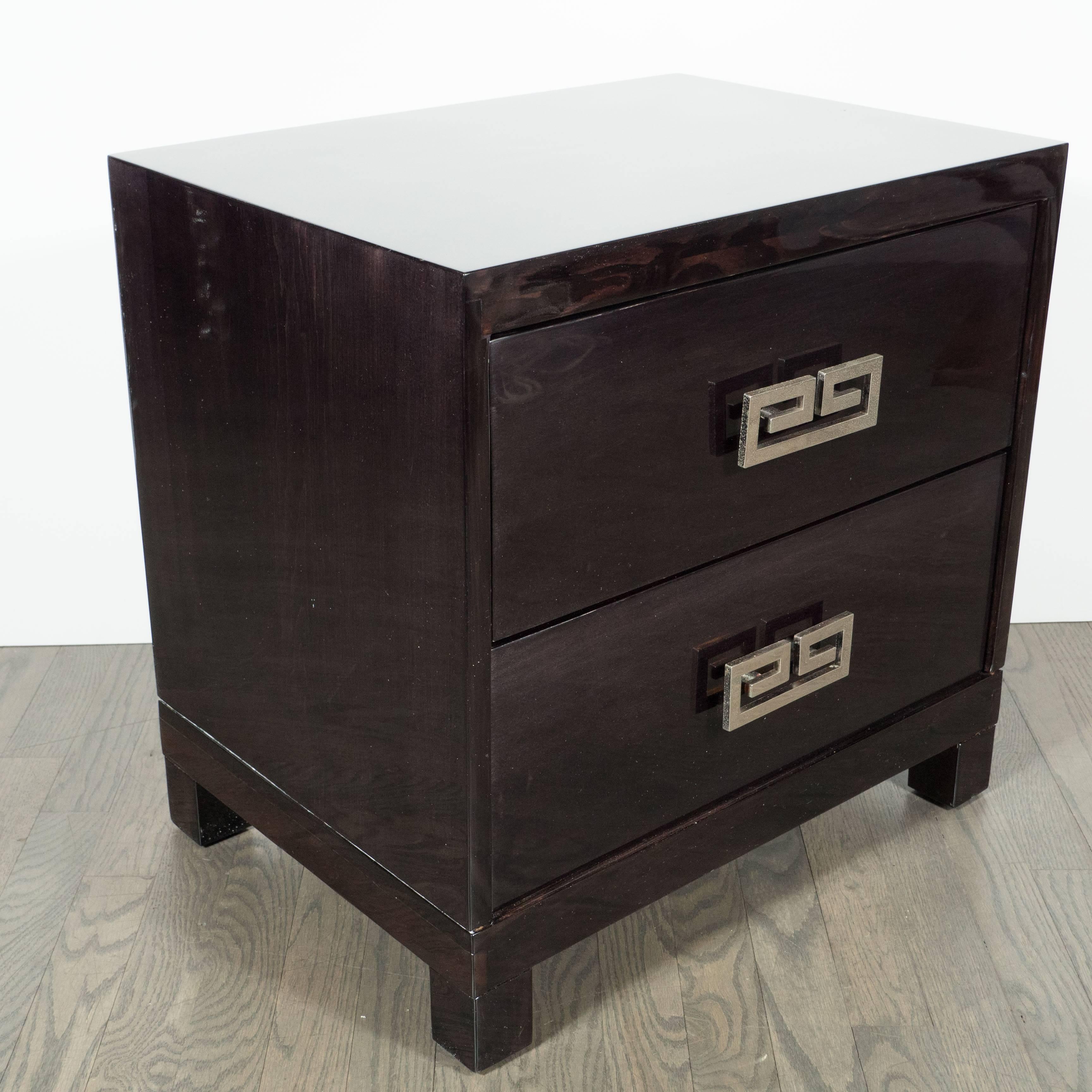 Mid-20th Century Pair of Mid-Century Ebonized Greek-Key Nightstands/End Tables w/ Greek Key Pulls