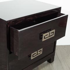 Pair of Mid-Century Ebonized Greek-Key Nightstands/End Tables w/ Greek Key Pulls