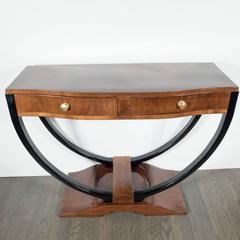 French Art Deco Console in Bookmatched Walnut and Black Lacquer Accents