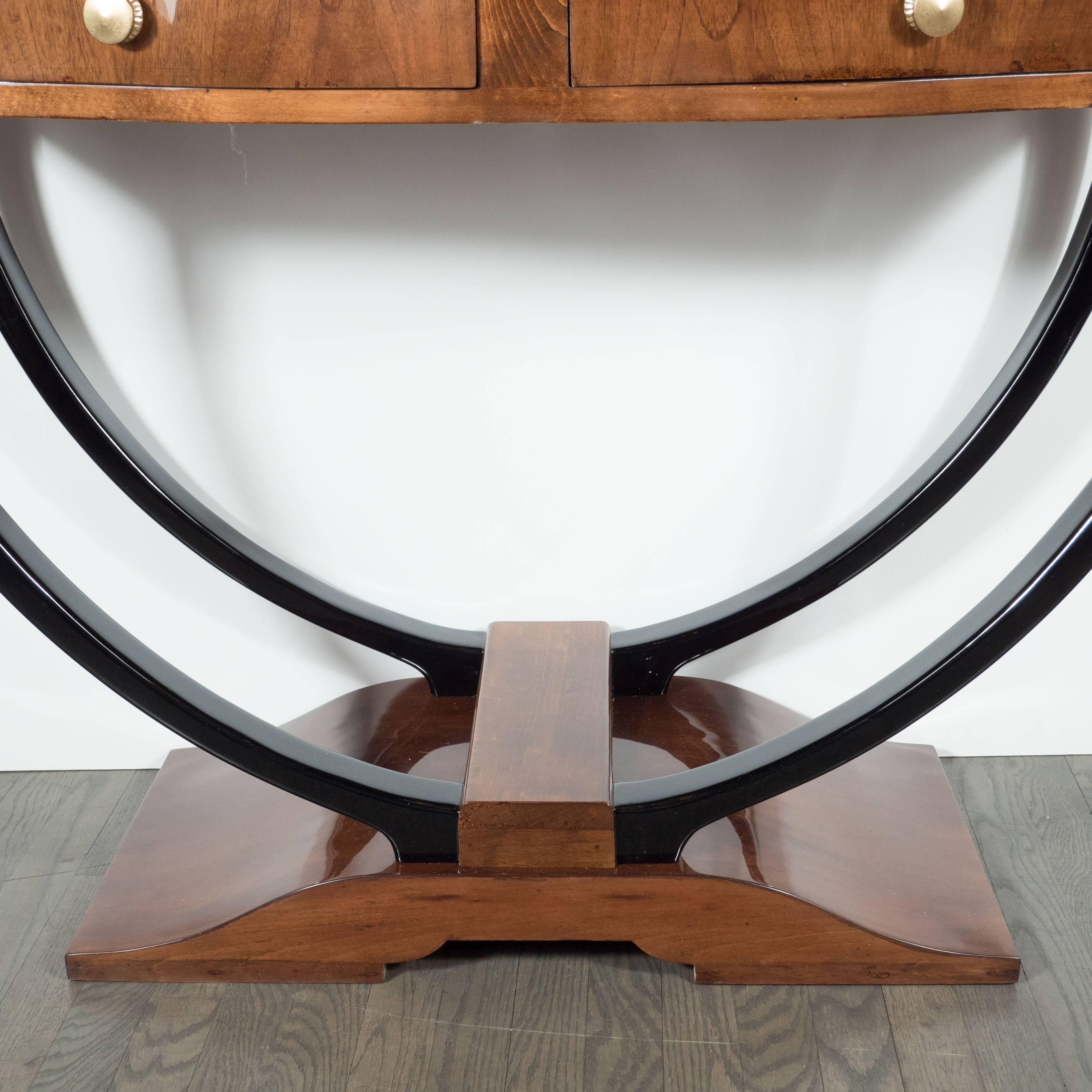 Mid-20th Century French Art Deco Console in Bookmatched Walnut and Black Lacquer Accents