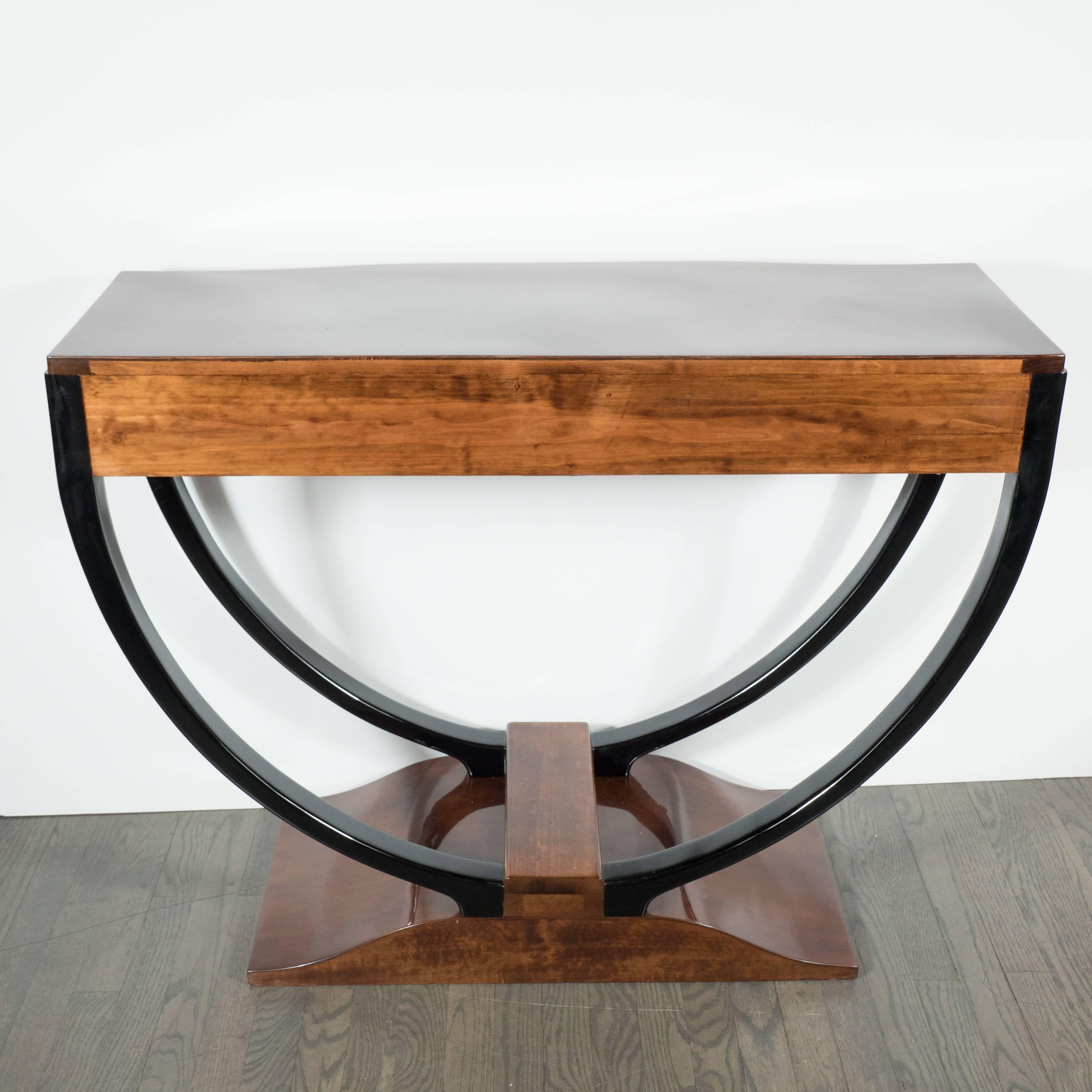 French Art Deco Console in Bookmatched Walnut and Black Lacquer Accents In Excellent Condition In New York, NY