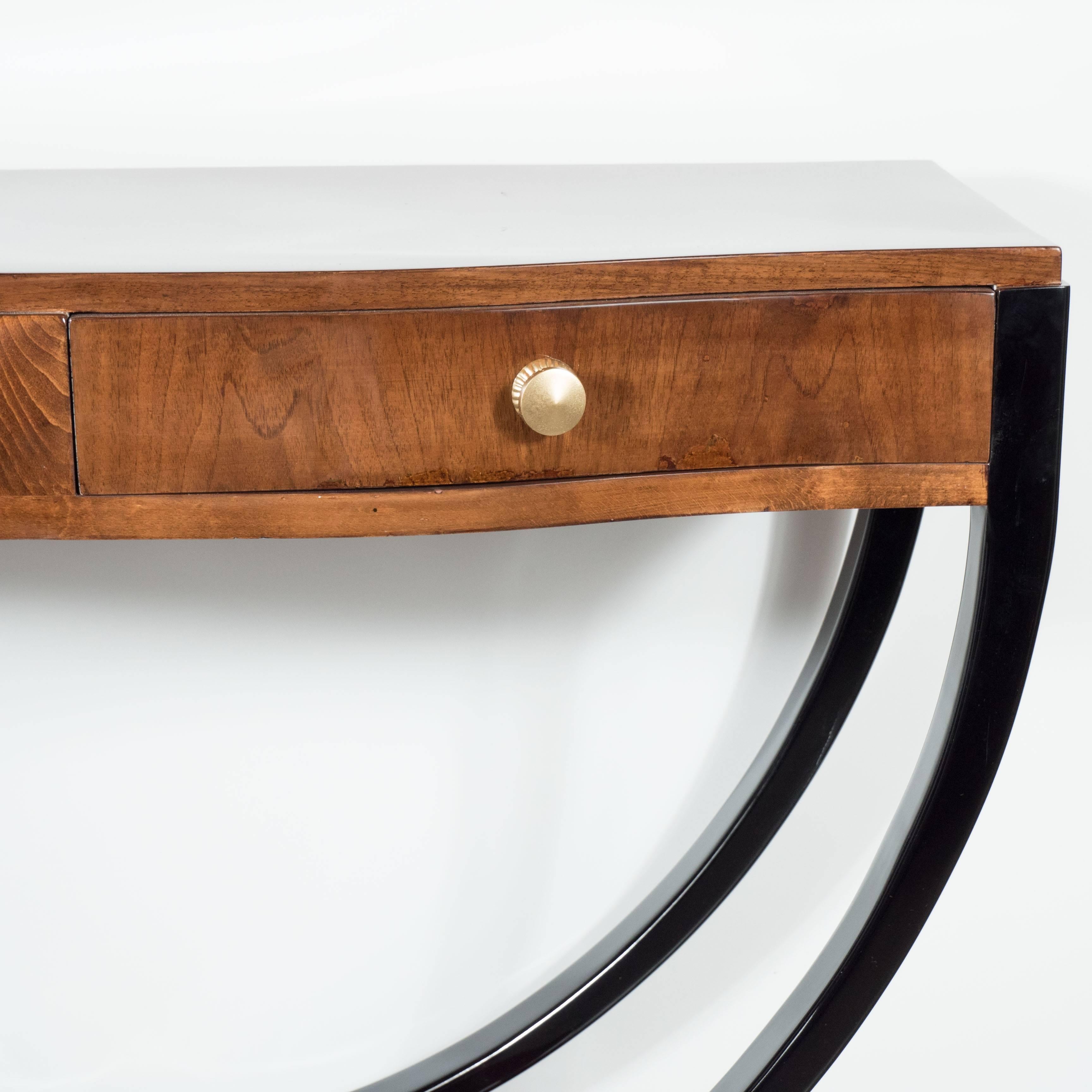 French Art Deco Console in Bookmatched Walnut and Black Lacquer Accents 3