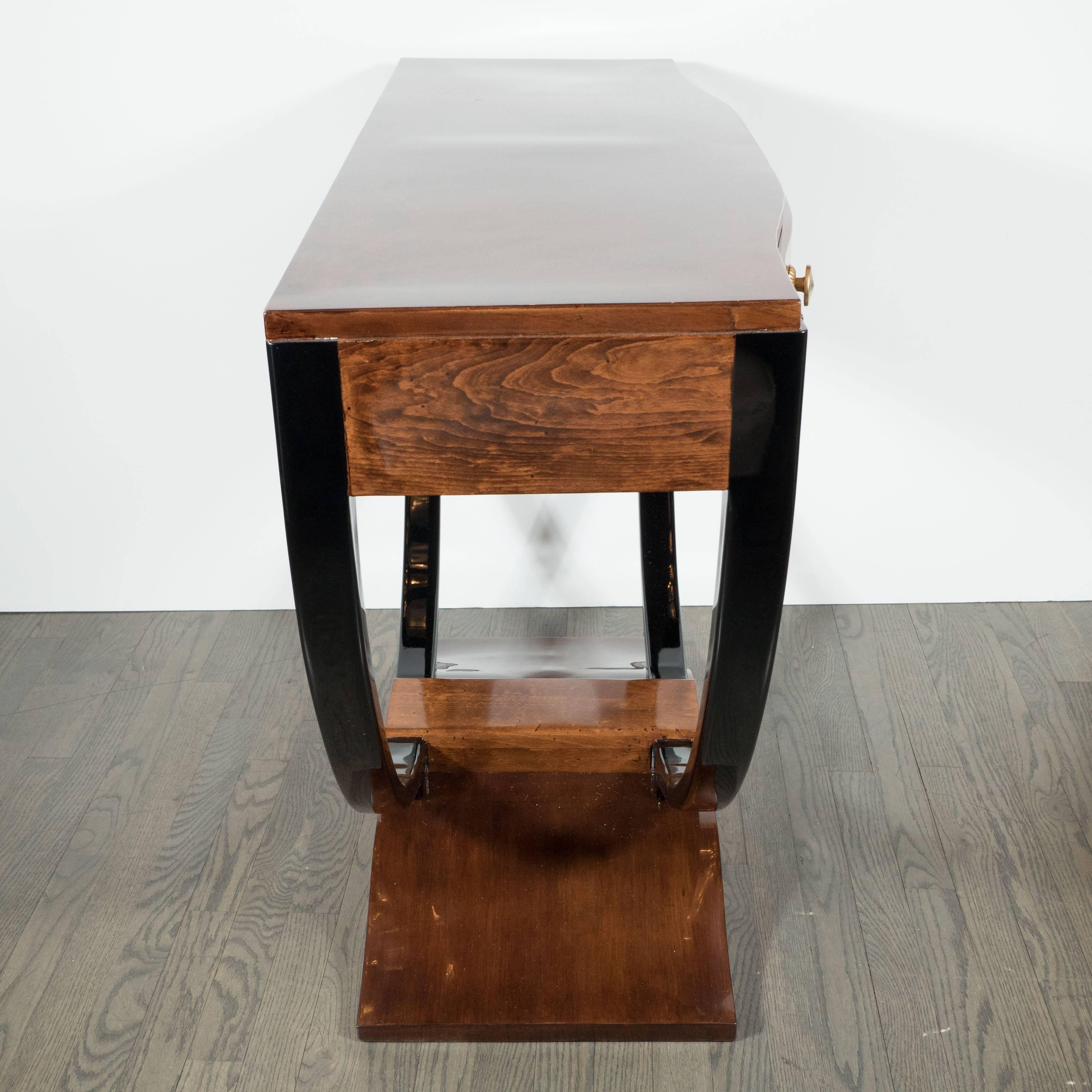 French Art Deco Console in Bookmatched Walnut and Black Lacquer Accents 6